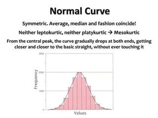 Normal Curve
Symmetric. Average, median and fashion coincide!
Neither leptokurtic, neither platykurtic  Mesokurtic
From the central peak, the curve gradually drops at both ends, getting
closer and closer to the basic straight, without ever touching it
Frequency
Values
 