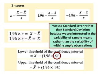 Lower threshold of the confidence interval
Upper threshold of the confidence interval
SE)
Z - scores
We use Standard Error rather
than Standard Deviation
because we are interested in the
variability of sample means
rather than the variability of
within-sample observations
SE)
 