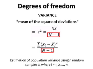 Degrees of freedom
VARIANCE
"mean of the square of deviations"
Estimation of population variance using n random
samples xi where i = 1, 2, ..., n.
 