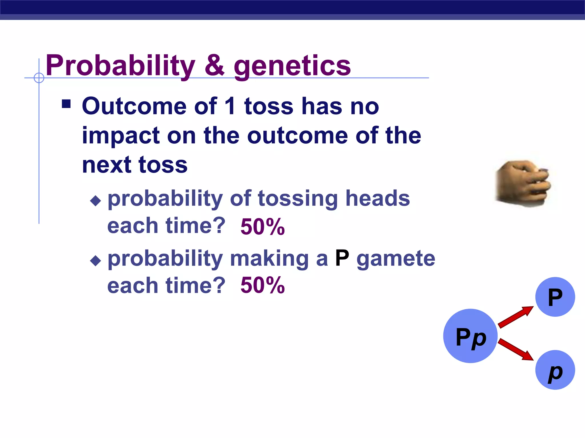 Probability & genetics
     Outcome of 1 toss has no
        impact on the outcome of the
        next toss
          probability of tossing heads
           each time? 50%
          probability making a P gamete
           each time? 50%
                                                P
                                           Pp
                                                p
AP Biology
 