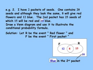 e.g. 2. I have 2 packets of seeds. One contains 20 
seeds and although they look the same, 8 will give red 
flowers and 12 blue. The 2nd packet has 25 seeds of 
which 15 will be red and 10 blue. 
Draw a Venn diagram and use it to illustrate the 
conditional probability formula. 
Solution: 
Let R be the event “ Red flower ” and 
F be the event “ First packet ” 
F R 
15 
10 
12 8 
Blue in the 2nd packet 
 