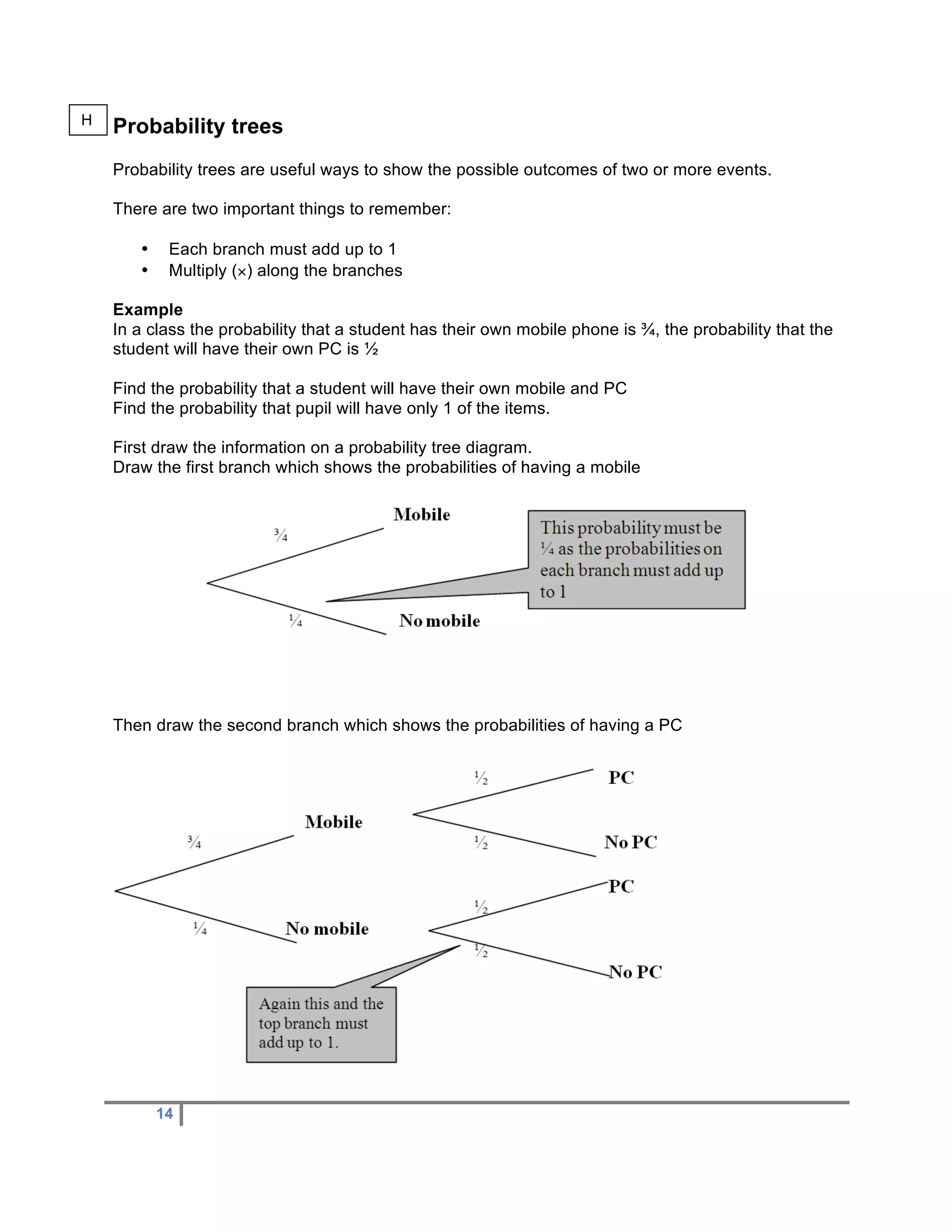 H
    Probability trees
    Probability trees are useful ways to show the possible outcomes of two or more events.

    There are two important things to remember:

       •    Each branch must add up to 1
       •    Multiply (×) along the branches

    Example
    In a class the probability that a student has their own mobile phone is ¾, the probability that the
    student will have their own PC is ½

    Find the probability that a student will have their own mobile and PC
    Find the probability that pupil will have only 1 of the items.

    First draw the information on a probability tree diagram.
    Draw the first branch which shows the probabilities of having a mobile




    Then draw the second branch which shows the probabilities of having a PC




           14
 