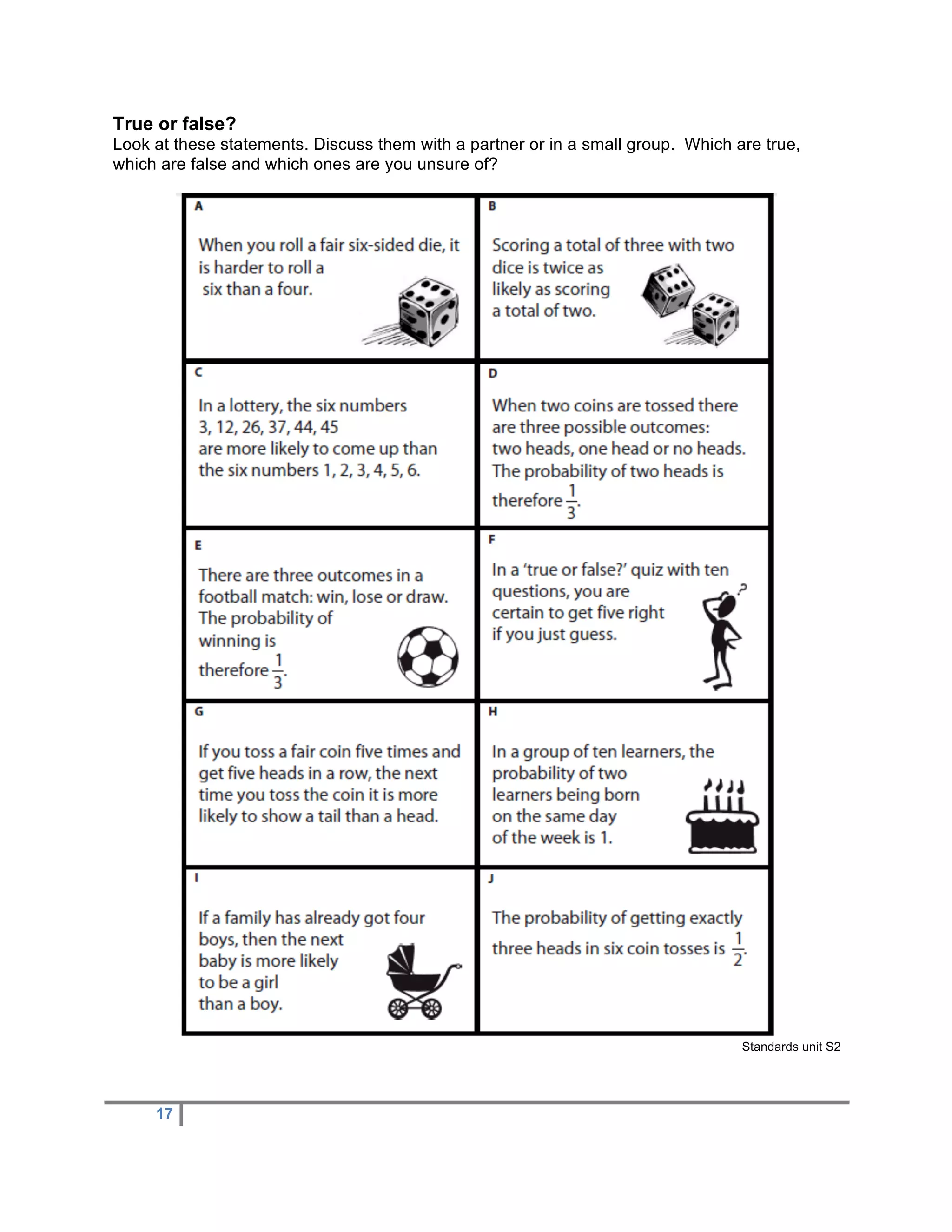 True or false?
Look at these statements. Discuss them with a partner or in a small group. Which are true,
which are false and which ones are you unsure of?




                                                                                  Standards unit S2




     17
 