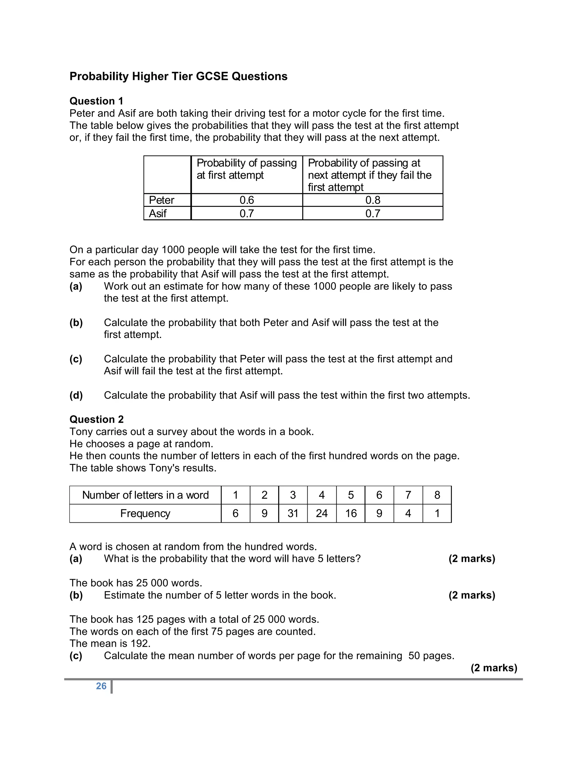 Probability Higher Tier GCSE Questions

Question 1
Peter and Asif are both taking their driving test for a motor cycle for the first time.
The table below gives the probabilities that they will pass the test at the first attempt
or, if they fail the first time, the probability that they will pass at the next attempt.

                             Probability of passing Probability of passing at
                             at first attempt       next attempt if they fail the
                                                    first attempt
                  Peter                  0.6                      0.8
                  Asif                   0.7                      0.7


On a particular day 1000 people will take the test for the first time.
For each person the probability that they will pass the test at the first attempt is the
same as the probability that Asif will pass the test at the first attempt.
(a)    Work out an estimate for how many of these 1000 people are likely to pass
       the test at the first attempt.

(b)    Calculate the probability that both Peter and Asif will pass the test at the
       first attempt.

(c)    Calculate the probability that Peter will pass the test at the first attempt and
       Asif will fail the test at the first attempt.

(d)    Calculate the probability that Asif will pass the test within the first two attempts.

Question 2
Tony carries out a survey about the words in a book.
He chooses a page at random.
He then counts the number of letters in each of the first hundred words on the page.
The table shows Tony's results.

  Number of letters in a word        1      2     3      4     5      6     7       8
           Frequency                 6      9    31     24     16     9     4       1


A word is chosen at random from the hundred words.
(a)    What is the probability that the word will have 5 letters?                       (2 marks)

The book has 25 000 words.
(b)   Estimate the number of 5 letter words in the book.                                (2 marks)

The book has 125 pages with a total of 25 000 words.
The words on each of the first 75 pages are counted.
The mean is 192.
(c)   Calculate the mean number of words per page for the remaining 50 pages.
                                                                                               (2 marks)
      26
 