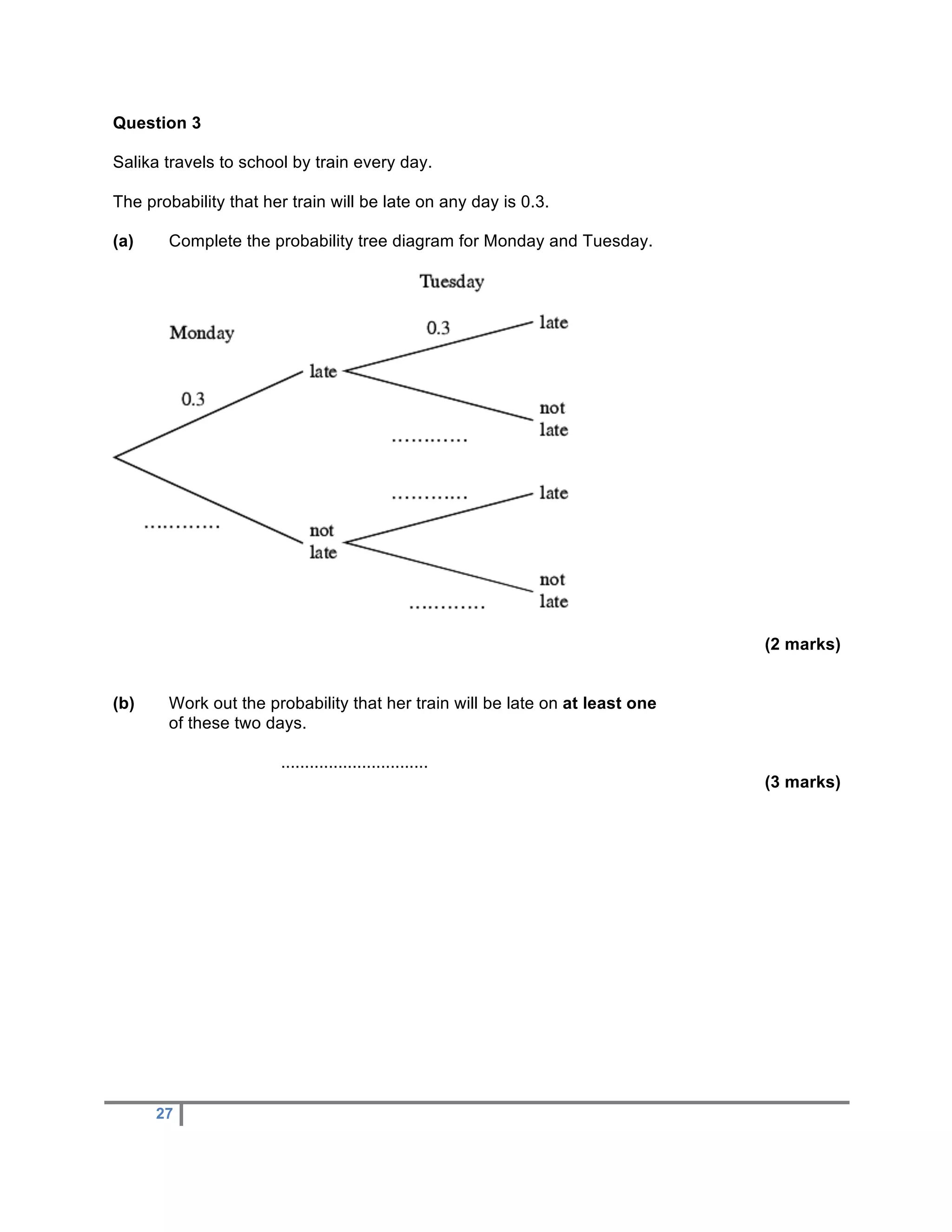 Question 3

Salika travels to school by train every day.

The probability that her train will be late on any day is 0.3.

(a)    Complete the probability tree diagram for Monday and Tuesday.




                                                                              (2 marks)


(b)    Work out the probability that her train will be late on at least one
       of these two days.

                       ...............................
                                                                              (3 marks)




      27
 