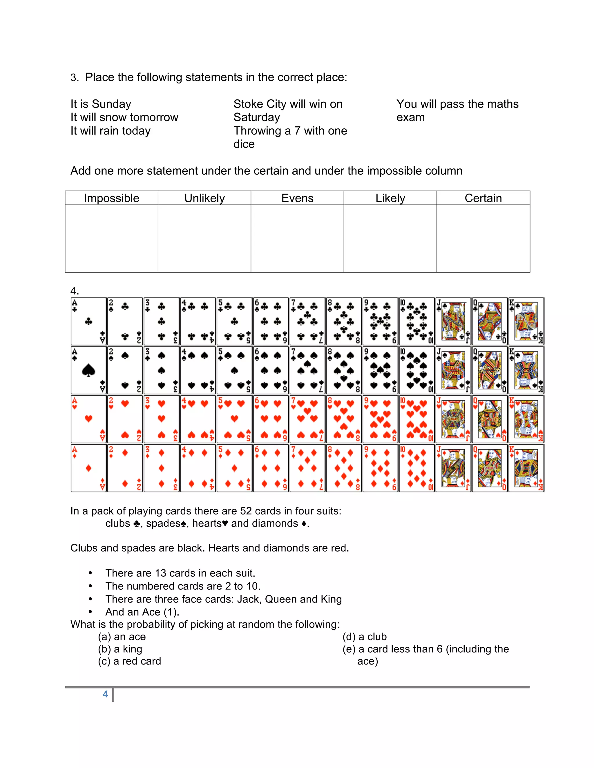 3. Place the following statements in the correct place:

It is Sunday                        Stoke City will win on              You will pass the maths
It will snow tomorrow               Saturday                            exam
It will rain today                  Throwing a 7 with one
                                    dice

Add one more statement under the certain and under the impossible column

     Impossible          Unlikely             Evens                Likely              Certain




4.




In a pack of playing cards there are 52 cards in four suits:
       clubs ♣, spades♠, hearts♥ and diamonds ♦.

Clubs and spades are black. Hearts and diamonds are red.

  • There are 13 cards in each suit.
  • The numbered cards are 2 to 10.
  • There are three face cards: Jack, Queen and King
  • And an Ace (1).
What is the probability of picking at random the following:
     (a) an ace                                             (d) a club
     (b) a king                                             (e) a card less than 6 (including the
     (c) a red card                                             ace)


        4
 