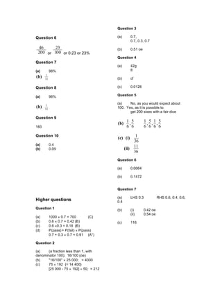 Question 3

Question 6                                (a)       0.7,
                                                    0.7, 0.3, 0.7
  46     23                               (b)       0.51 oe
 200 or 100 or 0.23 or 23%
                                          Question 4
Question 7
                                          (a)       42g
(a)        96%                                      8
      1
(b)   33                                  (b)       cf

Question 8                                (c)       0.0128

(a)        96%                            Question 5

      1
                                          (a)    No, as you would expect about
(b)   33                                  100. Yes, as it is possible to
                                                 get 200 sixes with a fair dice
Question 9
                                                 1 5          1 5 1 5
                                          (b)     ,            , , ,
160                                              6 6          6 6 6 6

Question 10
                                          (c) (i)     1
                                                     36
(a)        0.4                                       11
(b)        0.09                                 (ii)
                                                     36
                                          Question 6

                                          (a)       0.0064

                                          (b)       0.1472


                                          Question 7

                                          (a)       LHS 0.3             RHS 0.6, 0.4, 0.6,
Higher questions                          0.4
Question 1                                (b)       (i)       0.42 oe
                                                    (ii)      0.54 oe
(a)        1000 × 0.7 = 700         (C)
(b)        0.6 × 0.7 = 0.42 (B)           (c)       116
(c)        0.6 ×0.3 = 0.18 (B)
(d)        P(pass) + P(fail) × P(pass)
           0.7 + 0.3 × 0.7 = 0.91 (A*)

Question 2

(a)    (a fraction less than 1, with
denominator 100); 16/100 (oe)
(b)    "16/100" × 25 000; = 4000
(c)    75 × 192 {= 14 400}
       [25 000 - 75 × 192] ÷ 50; = 212
 