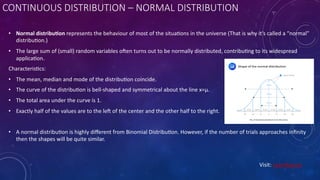 CONTINUOUS DISTRIBUTION – NORMAL DISTRIBUTION
• Normal distribu@on represents the behaviour of most of the situa]ons in the universe (That is why it’s called a “normal”
distribu]on.)
• The large sum of (small) random variables oden turns out to be normally distributed, contribu]ng to its widespread
applica]on.
Characteris]cs:
• The mean, median and mode of the distribu]on coincide.
• The curve of the distribu]on is bell-shaped and symmetrical about the line x=μ.
• The total area under the curve is 1.
• Exactly half of the values are to the led of the center and the other half to the right.
• A normal distribu]on is highly diﬀerent from Binomial Distribu]on. However, if the number of trials approaches inﬁnity
then the shapes will be quite similar.
Visit: Learnbay.co
 