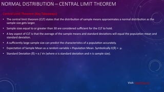 NORMAL DISTRIBUTION – CENTRAL LIMIT THEOREM
Central Limit Theorem (Key Takeaways)
• The central limit theorem (CLT) states that the distribu6on of sample means approximates a normal distribu6on as the
sample size gets larger.
• Sample sizes equal to or greater than 30 are considered suﬃcient for the CLT to hold.
• A key aspect of CLT is that the average of the sample means and standard devia6ons will equal the popula6on mean and
standard devia6on.
• A suﬃciently large sample size can predict the characteris6cs of a popula6on accurately.
• Expecta6on of Sample Mean as a random variable = Popula6on Mean. Symbolically E(XL) = µ.
• Standard Devia6on (XL) = σ / √n (where σ is standard devia6on and n is sample size).
Visit: Learnbay.co
 