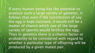 If every human being has the potential to
produce such a large variety of gametes, it
follows that even if the constitution of say
the egg is kept constant, it would still be a
matter of chance which one of the large
variety of sperms would fertilize the egg.
Thus in genetics there is a chance factor or
probability to be considered with regard to
whether a particular type of offspring will be
produced by a given mated pair.
 
