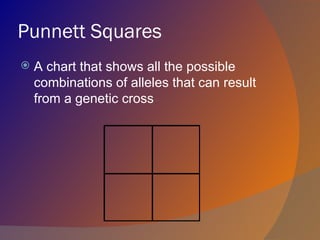 Punnett Squares
   A chart that shows all the possible
    combinations of alleles that can result
    from a genetic cross
 