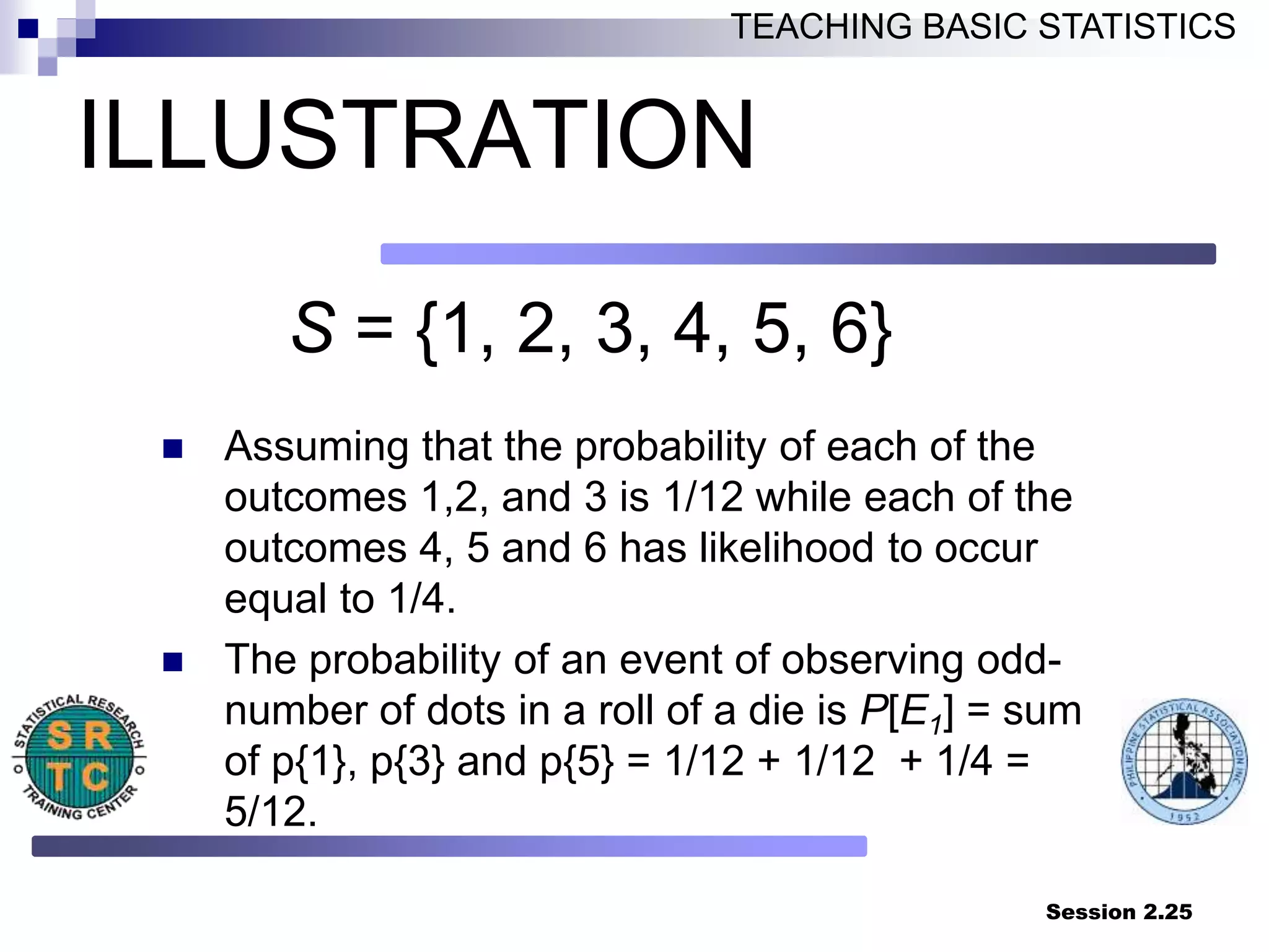 Session 2.25
TEACHING BASIC STATISTICS
ILLUSTRATION
S = {1, 2, 3, 4, 5, 6}
 Assuming that the probability of each of the
outcomes 1,2, and 3 is 1/12 while each of the
outcomes 4, 5 and 6 has likelihood to occur
equal to 1/4.
 The probability of an event of observing odd-
number of dots in a roll of a die is P[E1] = sum
of p{1}, p{3} and p{5} = 1/12 + 1/12 + 1/4 =
5/12.
 