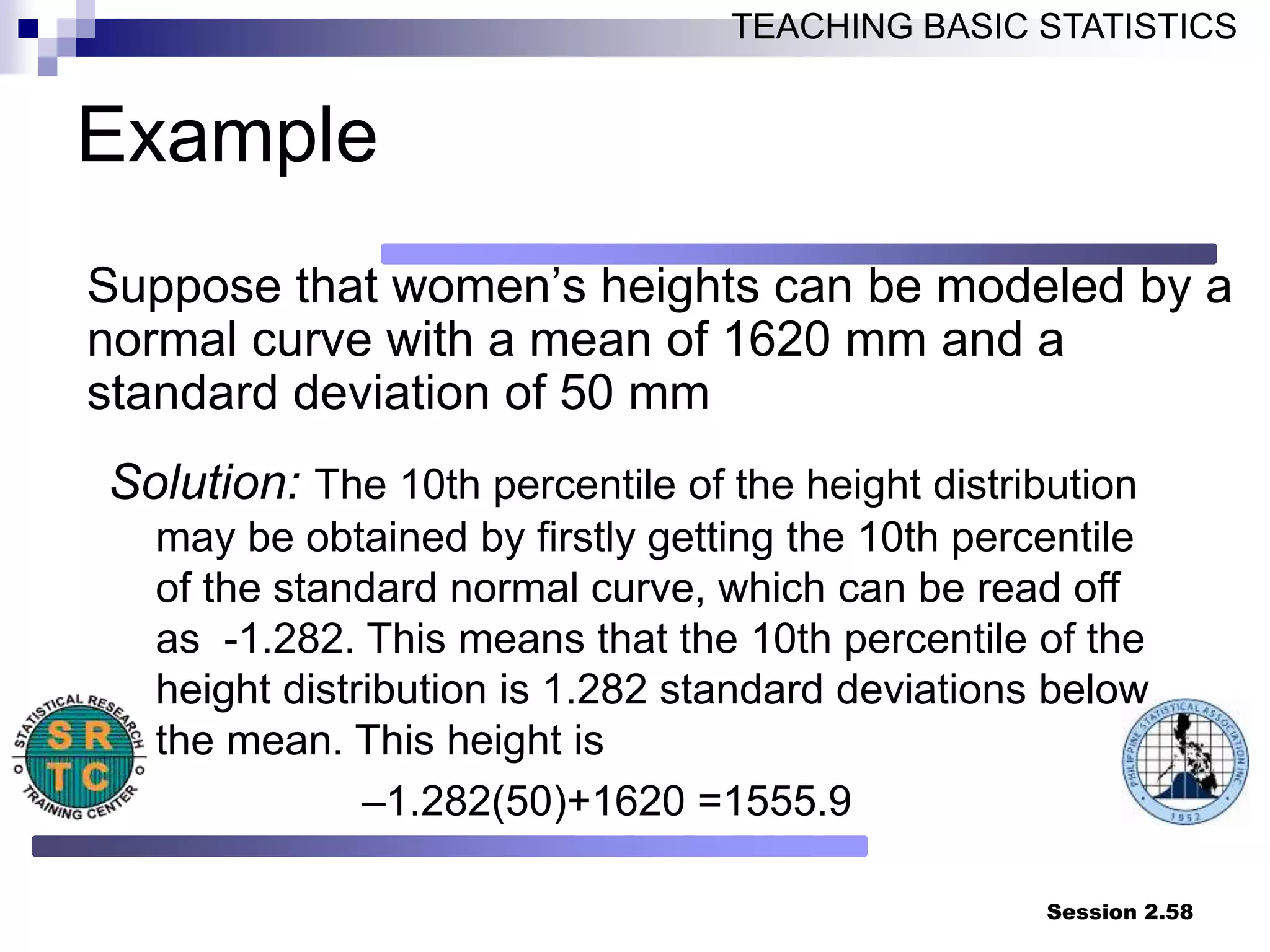 Session 2.58
TEACHING BASIC STATISTICS
Example
Suppose that women’s heights can be modeled by a
normal curve with a mean of 1620 mm and a
standard deviation of 50 mm
Solution: The 10th percentile of the height distribution
may be obtained by firstly getting the 10th percentile
of the standard normal curve, which can be read off
as -1.282. This means that the 10th percentile of the
height distribution is 1.282 standard deviations below
the mean. This height is
–1.282(50)+1620 =1555.9
 