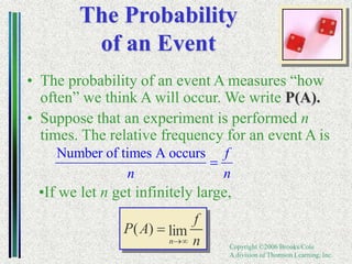 Copyright ©2006 Brooks/Cole
A division of Thomson Learning, Inc.
The Probability
of an Event
• The probability of an event A measures “how
often” we think A will occur. We write P(A).
• Suppose that an experiment is performed n
times. The relative frequency for an event A is
Number of times A occurs f
n n

n
f
A
P
n
lim
)
(


•If we let n get infinitely large,
 