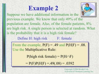 Copyright ©2006 Brooks/Cole
A division of Thomson Learning, Inc.
Example 2
Suppose we have additional information in the
previous example. We know that only 49% of the
population are female. Also, of the female patients, 8%
are high risk. A single person is selected at random. What
is the probability that it is a high risk female?
Define H: high risk F: female
From the example, P(F) = .49 and P(H|F) = .08.
Use the Multiplicative Rule:
P(high risk female) = P(HF)
= P(F)P(H|F) =.49(.08) = .0392
 