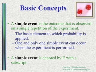 Copyright ©2006 Brooks/Cole
A division of Thomson Learning, Inc.
Basic Concepts
• A simple event is the outcome that is observed
on a single repetition of the experiment.
– The basic element to which probability is
applied.
– One and only one simple event can occur
when the experiment is performed.
• A simple event is denoted by E with a
subscript.
 