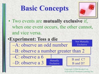 Copyright ©2006 Brooks/Cole
A division of Thomson Learning, Inc.
Basic Concepts
• Two events are mutually exclusive if,
when one event occurs, the other cannot,
and vice versa.
•Experiment: Toss a die
–A: observe an odd number
–B: observe a number greater than 2
–C: observe a 6
–D: observe a 3
Not Mutually
Exclusive
Mutually
Exclusive
B and C?
B and D?
 