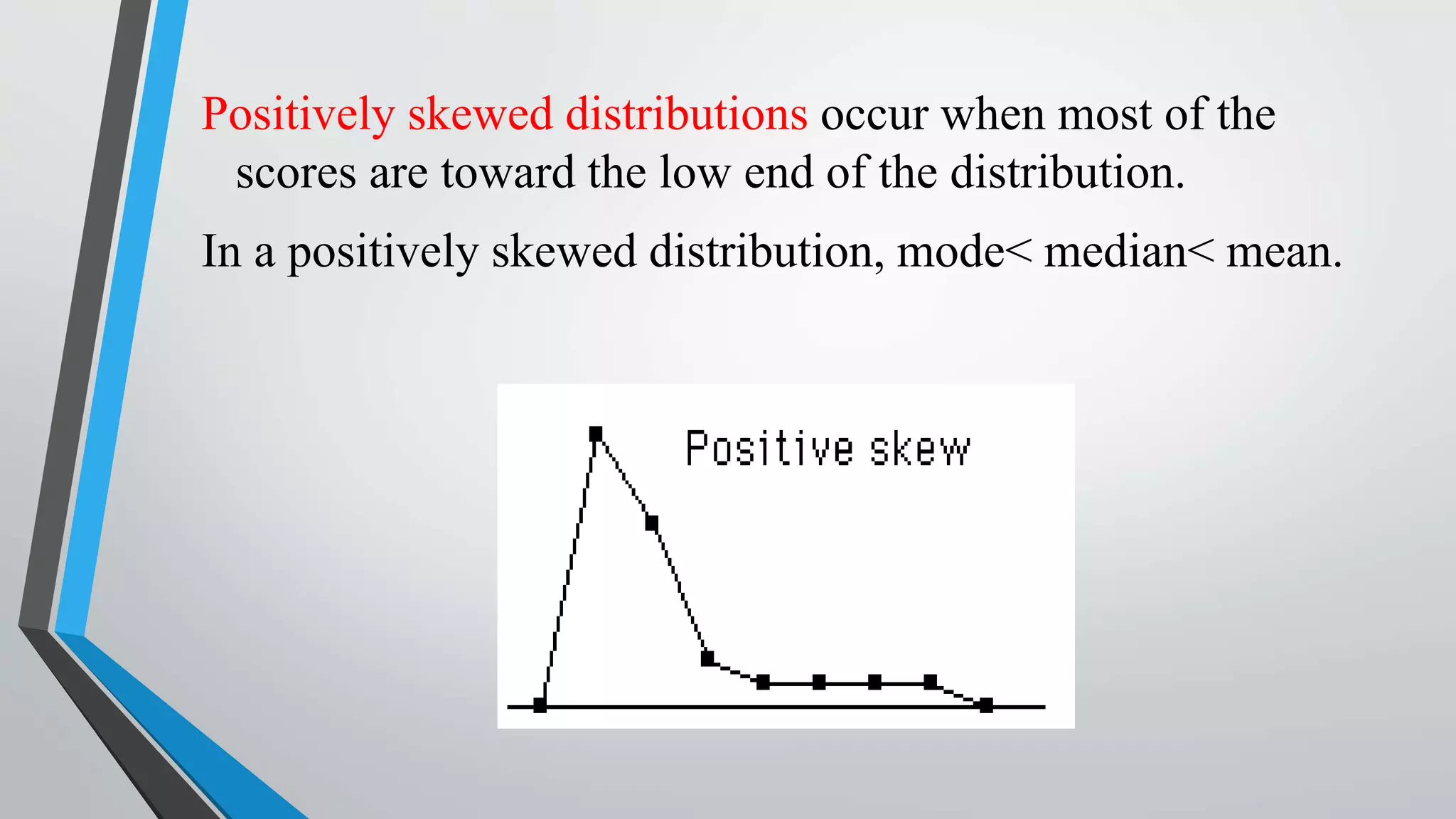 Positively skewed distributions occur when most of the
scores are toward the low end of the distribution.
In a positively skewed distribution, mode< median< mean.
 