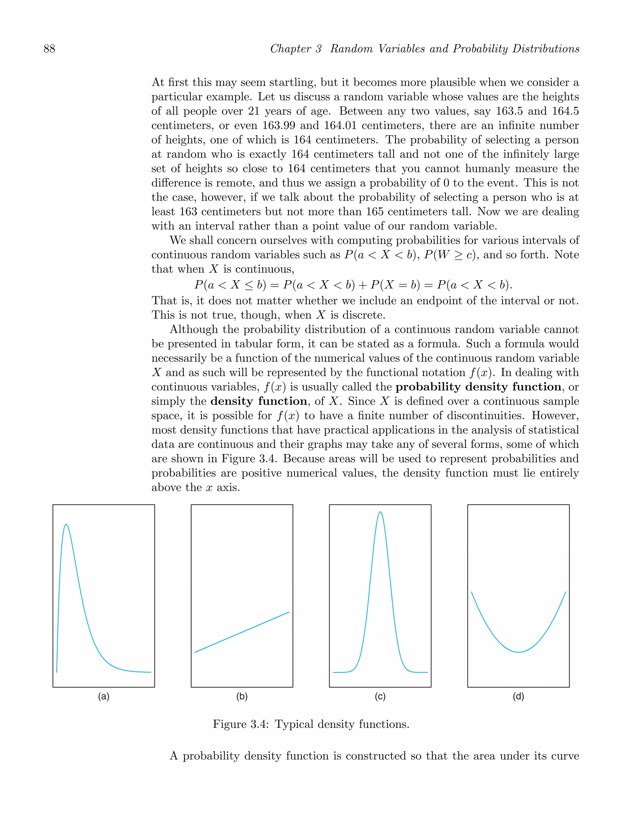 88 Chapter 3 Random Variables and Probability Distributions
At ﬁrst this may seem startling, but it becomes more plausible when we consider a
particular example. Let us discuss a random variable whose values are the heights
of all people over 21 years of age. Between any two values, say 163.5 and 164.5
centimeters, or even 163.99 and 164.01 centimeters, there are an inﬁnite number
of heights, one of which is 164 centimeters. The probability of selecting a person
at random who is exactly 164 centimeters tall and not one of the inﬁnitely large
set of heights so close to 164 centimeters that you cannot humanly measure the
diﬀerence is remote, and thus we assign a probability of 0 to the event. This is not
the case, however, if we talk about the probability of selecting a person who is at
least 163 centimeters but not more than 165 centimeters tall. Now we are dealing
with an interval rather than a point value of our random variable.
We shall concern ourselves with computing probabilities for various intervals of
continuous random variables such as P(a  X  b), P(W ≥ c), and so forth. Note
that when X is continuous,
P(a  X ≤ b) = P(a  X  b) + P(X = b) = P(a  X  b).
That is, it does not matter whether we include an endpoint of the interval or not.
This is not true, though, when X is discrete.
Although the probability distribution of a continuous random variable cannot
be presented in tabular form, it can be stated as a formula. Such a formula would
necessarily be a function of the numerical values of the continuous random variable
X and as such will be represented by the functional notation f(x). In dealing with
continuous variables, f(x) is usually called the probability density function, or
simply the density function, of X. Since X is deﬁned over a continuous sample
space, it is possible for f(x) to have a ﬁnite number of discontinuities. However,
most density functions that have practical applications in the analysis of statistical
data are continuous and their graphs may take any of several forms, some of which
are shown in Figure 3.4. Because areas will be used to represent probabilities and
probabilities are positive numerical values, the density function must lie entirely
above the x axis.
(a) (b) (c) (d)
Figure 3.4: Typical density functions.
A probability density function is constructed so that the area under its curve
 