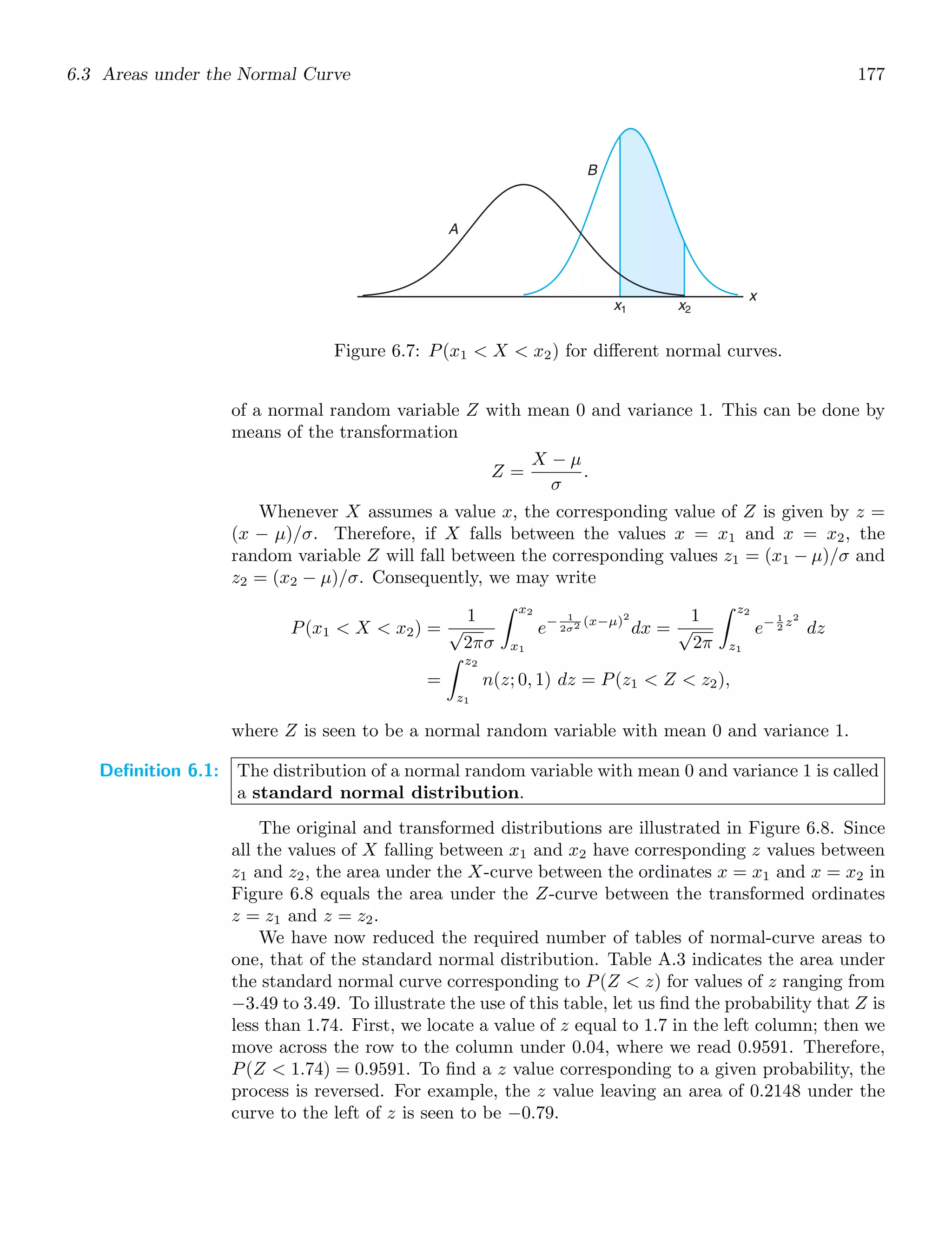 6.3 Areas under the Normal Curve 177
x
x1 x2
A
B
Figure 6.7: P(x1  X  x2) for diﬀerent normal curves.
of a normal random variable Z with mean 0 and variance 1. This can be done by
means of the transformation
Z =
X − μ
σ
.
Whenever X assumes a value x, the corresponding value of Z is given by z =
(x − μ)/σ. Therefore, if X falls between the values x = x1 and x = x2, the
random variable Z will fall between the corresponding values z1 = (x1 − μ)/σ and
z2 = (x2 − μ)/σ. Consequently, we may write
P(x1  X  x2) =
1
√
2πσ
x2
x1
e− 1
2σ2 (x−μ)2
dx =
1
√
2π
z2
z1
e− 1
2 z2
dz
=
z2
z1
n(z; 0, 1) dz = P(z1  Z  z2),
where Z is seen to be a normal random variable with mean 0 and variance 1.
Definition 6.1: The distribution of a normal random variable with mean 0 and variance 1 is called
a standard normal distribution.
The original and transformed distributions are illustrated in Figure 6.8. Since
all the values of X falling between x1 and x2 have corresponding z values between
z1 and z2, the area under the X-curve between the ordinates x = x1 and x = x2 in
Figure 6.8 equals the area under the Z-curve between the transformed ordinates
z = z1 and z = z2.
We have now reduced the required number of tables of normal-curve areas to
one, that of the standard normal distribution. Table A.3 indicates the area under
the standard normal curve corresponding to P(Z  z) for values of z ranging from
−3.49 to 3.49. To illustrate the use of this table, let us ﬁnd the probability that Z is
less than 1.74. First, we locate a value of z equal to 1.7 in the left column; then we
move across the row to the column under 0.04, where we read 0.9591. Therefore,
P(Z  1.74) = 0.9591. To ﬁnd a z value corresponding to a given probability, the
process is reversed. For example, the z value leaving an area of 0.2148 under the
curve to the left of z is seen to be −0.79.
 