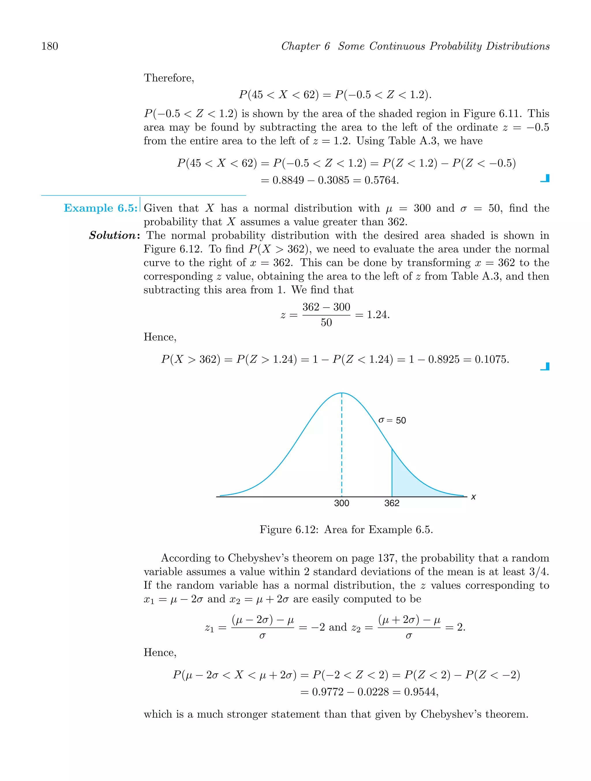 180 Chapter 6 Some Continuous Probability Distributions
Therefore,
P(45  X  62) = P(−0.5  Z  1.2).
P(−0.5  Z  1.2) is shown by the area of the shaded region in Figure 6.11. This
area may be found by subtracting the area to the left of the ordinate z = −0.5
from the entire area to the left of z = 1.2. Using Table A.3, we have
P(45  X  62) = P(−0.5  Z  1.2) = P(Z  1.2) − P(Z  −0.5)
= 0.8849 − 0.3085 = 0.5764.
Example 6.5: Given that X has a normal distribution with μ = 300 and σ = 50, ﬁnd the
probability that X assumes a value greater than 362.
Solution: The normal probability distribution with the desired area shaded is shown in
Figure 6.12. To ﬁnd P(X  362), we need to evaluate the area under the normal
curve to the right of x = 362. This can be done by transforming x = 362 to the
corresponding z value, obtaining the area to the left of z from Table A.3, and then
subtracting this area from 1. We ﬁnd that
z =
362 − 300
50
= 1.24.
Hence,
P(X  362) = P(Z  1.24) = 1 − P(Z  1.24) = 1 − 0.8925 = 0.1075.
x
300 362
⫽ 50
σ
Figure 6.12: Area for Example 6.5.
According to Chebyshev’s theorem on page 137, the probability that a random
variable assumes a value within 2 standard deviations of the mean is at least 3/4.
If the random variable has a normal distribution, the z values corresponding to
x1 = μ − 2σ and x2 = μ + 2σ are easily computed to be
z1 =
(μ − 2σ) − μ
σ
= −2 and z2 =
(μ + 2σ) − μ
σ
= 2.
Hence,
P(μ − 2σ  X  μ + 2σ) = P(−2  Z  2) = P(Z  2) − P(Z  −2)
= 0.9772 − 0.0228 = 0.9544,
which is a much stronger statement than that given by Chebyshev’s theorem.
 