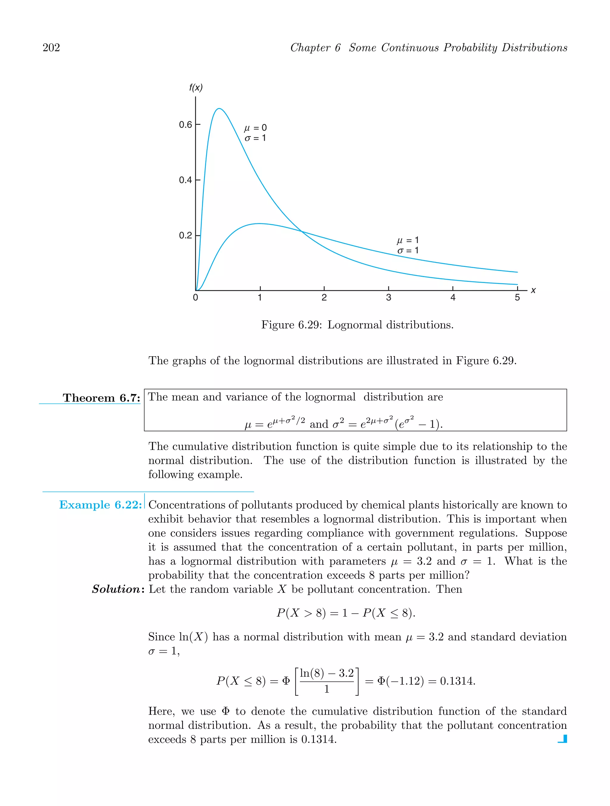 202 Chapter 6 Some Continuous Probability Distributions
0.2
0.4
0.6
f(x)
x
μ
σ
= 0
= 1
μ
σ
= 1
= 1
0 1 2 3 4 5
Figure 6.29: Lognormal distributions.
The graphs of the lognormal distributions are illustrated in Figure 6.29.
Theorem 6.7: The mean and variance of the lognormal distribution are
μ = eμ+σ2
/2
and σ2
= e2μ+σ2
(eσ2
− 1).
The cumulative distribution function is quite simple due to its relationship to the
normal distribution. The use of the distribution function is illustrated by the
following example.
Example 6.22: Concentrations of pollutants produced by chemical plants historically are known to
exhibit behavior that resembles a lognormal distribution. This is important when
one considers issues regarding compliance with government regulations. Suppose
it is assumed that the concentration of a certain pollutant, in parts per million,
has a lognormal distribution with parameters μ = 3.2 and σ = 1. What is the
probability that the concentration exceeds 8 parts per million?
Solution: Let the random variable X be pollutant concentration. Then
P(X  8) = 1 − P(X ≤ 8).
Since ln(X) has a normal distribution with mean μ = 3.2 and standard deviation
σ = 1,
P(X ≤ 8) = Φ

ln(8) − 3.2
1

= Φ(−1.12) = 0.1314.
Here, we use Φ to denote the cumulative distribution function of the standard
normal distribution. As a result, the probability that the pollutant concentration
exceeds 8 parts per million is 0.1314.
 