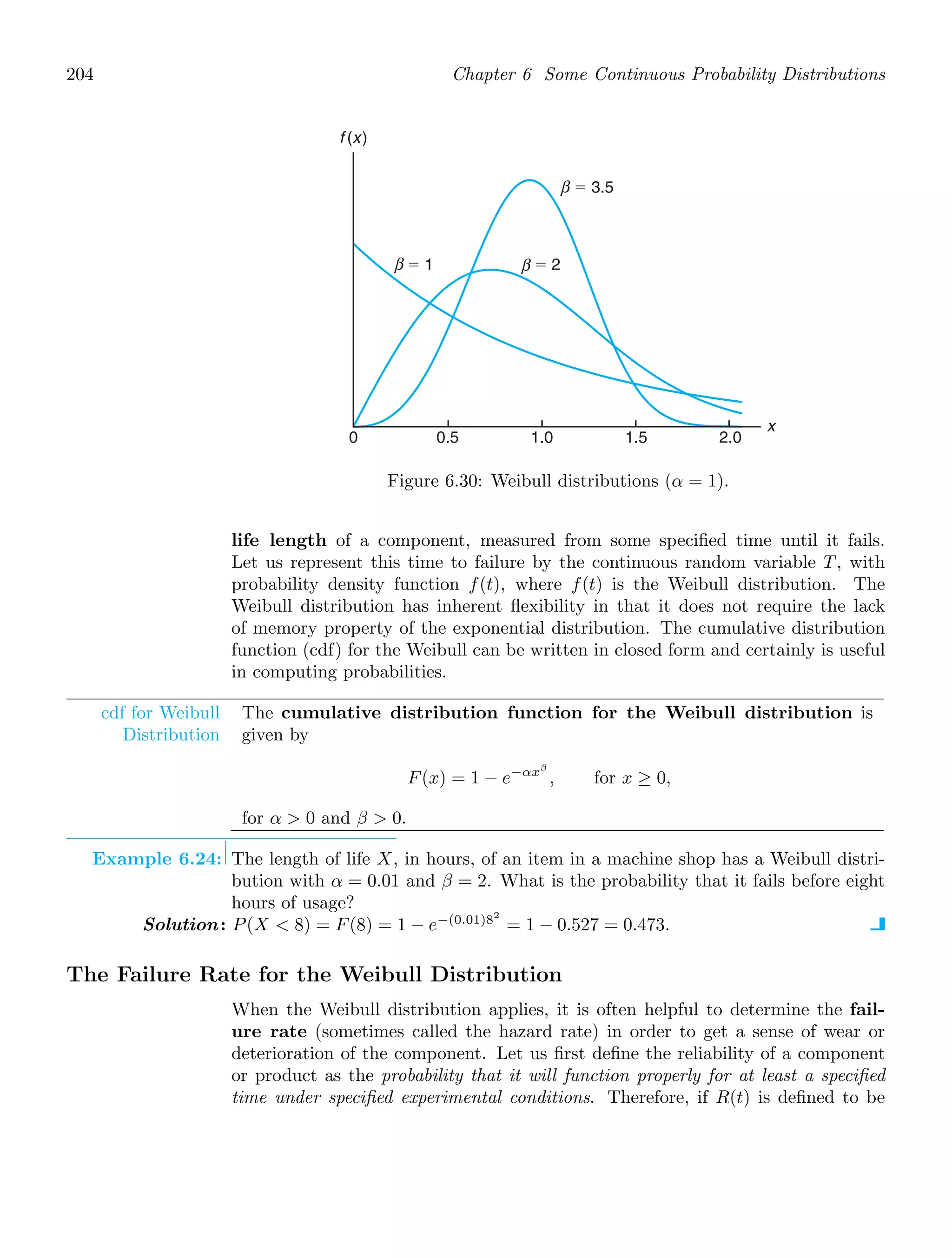 204 Chapter 6 Some Continuous Probability Distributions
0 0.5 1.0 1.5 2.0
f (x)
x
⫽ 1 ⫽ 2
⫽ 3.5
β
β
β
Figure 6.30: Weibull distributions (α = 1).
life length of a component, measured from some speciﬁed time until it fails.
Let us represent this time to failure by the continuous random variable T, with
probability density function f(t), where f(t) is the Weibull distribution. The
Weibull distribution has inherent ﬂexibility in that it does not require the lack
of memory property of the exponential distribution. The cumulative distribution
function (cdf) for the Weibull can be written in closed form and certainly is useful
in computing probabilities.
cdf for Weibull
Distribution
The cumulative distribution function for the Weibull distribution is
given by
F(x) = 1 − e−αxβ
, for x ≥ 0,
for α  0 and β  0.
Example 6.24: The length of life X, in hours, of an item in a machine shop has a Weibull distri-
bution with α = 0.01 and β = 2. What is the probability that it fails before eight
hours of usage?
Solution: P(X  8) = F(8) = 1 − e−(0.01)82
= 1 − 0.527 = 0.473.
The Failure Rate for the Weibull Distribution
When the Weibull distribution applies, it is often helpful to determine the fail-
ure rate (sometimes called the hazard rate) in order to get a sense of wear or
deterioration of the component. Let us ﬁrst deﬁne the reliability of a component
or product as the probability that it will function properly for at least a speciﬁed
time under speciﬁed experimental conditions. Therefore, if R(t) is deﬁned to be
 