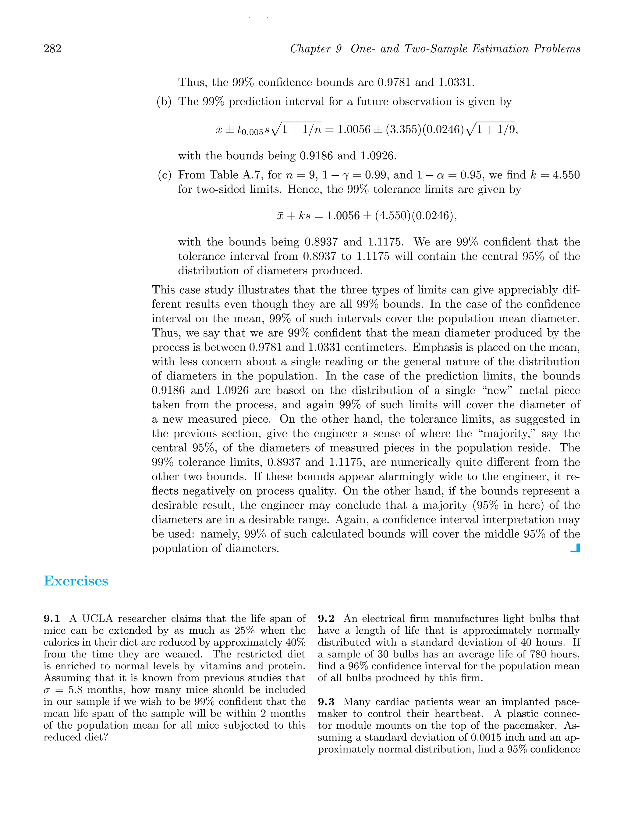/ /
282 Chapter 9 One- and Two-Sample Estimation Problems
Thus, the 99% conﬁdence bounds are 0.9781 and 1.0331.
(b) The 99% prediction interval for a future observation is given by
x̄ ± t0.005s

1 + 1/n = 1.0056 ± (3.355)(0.0246)

1 + 1/9,
with the bounds being 0.9186 and 1.0926.
(c) From Table A.7, for n = 9, 1 − γ = 0.99, and 1 − α = 0.95, we ﬁnd k = 4.550
for two-sided limits. Hence, the 99% tolerance limits are given by
x̄ + ks = 1.0056 ± (4.550)(0.0246),
with the bounds being 0.8937 and 1.1175. We are 99% conﬁdent that the
tolerance interval from 0.8937 to 1.1175 will contain the central 95% of the
distribution of diameters produced.
This case study illustrates that the three types of limits can give appreciably dif-
ferent results even though they are all 99% bounds. In the case of the conﬁdence
interval on the mean, 99% of such intervals cover the population mean diameter.
Thus, we say that we are 99% conﬁdent that the mean diameter produced by the
process is between 0.9781 and 1.0331 centimeters. Emphasis is placed on the mean,
with less concern about a single reading or the general nature of the distribution
of diameters in the population. In the case of the prediction limits, the bounds
0.9186 and 1.0926 are based on the distribution of a single “new” metal piece
taken from the process, and again 99% of such limits will cover the diameter of
a new measured piece. On the other hand, the tolerance limits, as suggested in
the previous section, give the engineer a sense of where the “majority,” say the
central 95%, of the diameters of measured pieces in the population reside. The
99% tolerance limits, 0.8937 and 1.1175, are numerically quite diﬀerent from the
other two bounds. If these bounds appear alarmingly wide to the engineer, it re-
ﬂects negatively on process quality. On the other hand, if the bounds represent a
desirable result, the engineer may conclude that a majority (95% in here) of the
diameters are in a desirable range. Again, a conﬁdence interval interpretation may
be used: namely, 99% of such calculated bounds will cover the middle 95% of the
population of diameters.
Exercises
9.1 A UCLA researcher claims that the life span of
mice can be extended by as much as 25% when the
calories in their diet are reduced by approximately 40%
from the time they are weaned. The restricted diet
is enriched to normal levels by vitamins and protein.
Assuming that it is known from previous studies that
σ = 5.8 months, how many mice should be included
in our sample if we wish to be 99% conﬁdent that the
mean life span of the sample will be within 2 months
of the population mean for all mice subjected to this
reduced diet?
9.2 An electrical ﬁrm manufactures light bulbs that
have a length of life that is approximately normally
distributed with a standard deviation of 40 hours. If
a sample of 30 bulbs has an average life of 780 hours,
ﬁnd a 96% conﬁdence interval for the population mean
of all bulbs produced by this ﬁrm.
9.3 Many cardiac patients wear an implanted pace-
maker to control their heartbeat. A plastic connec-
tor module mounts on the top of the pacemaker. As-
suming a standard deviation of 0.0015 inch and an ap-
proximately normal distribution, ﬁnd a 95% conﬁdence
 