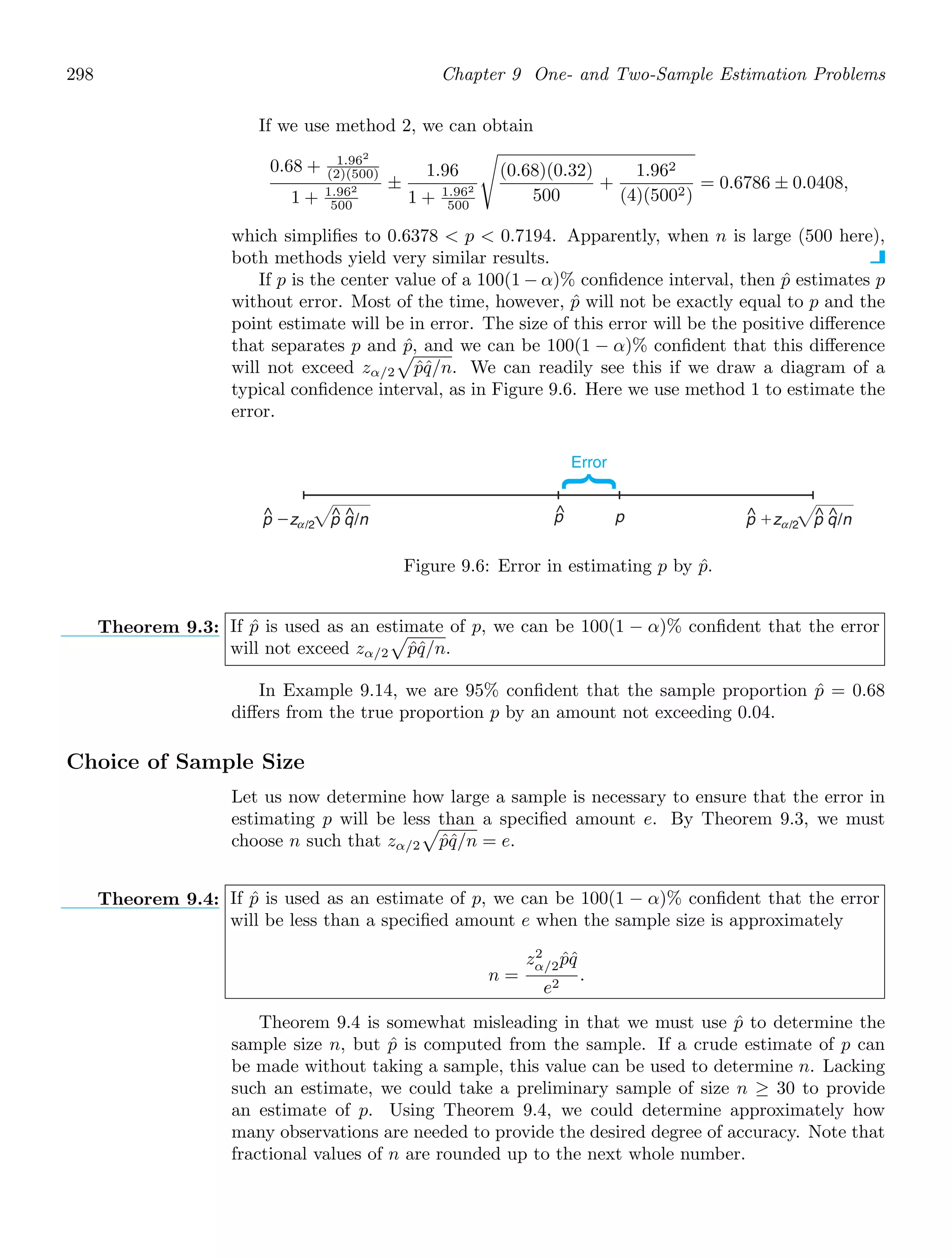 298 Chapter 9 One- and Two-Sample Estimation Problems
If we use method 2, we can obtain
0.68 + 1.962
(2)(500)
1 + 1.962
500
±
1.96
1 + 1.962
500
%
(0.68)(0.32)
500
+
1.962
(4)(5002)
= 0.6786 ± 0.0408,
which simpliﬁes to 0.6378  p  0.7194. Apparently, when n is large (500 here),
both methods yield very similar results.
If p is the center value of a 100(1 − α)% conﬁdence interval, then p̂ estimates p
without error. Most of the time, however, p̂ will not be exactly equal to p and the
point estimate will be in error. The size of this error will be the positive diﬀerence
that separates p and p̂, and we can be 100(1 − α)% conﬁdent that this diﬀerence
will not exceed zα/2

p̂q̂/n. We can readily see this if we draw a diagram of a
typical conﬁdence interval, as in Figure 9.6. Here we use method 1 to estimate the
error.
p
^ p
Error
^ ^
p ⫺z ^ ^
p q/n p ⫹z ^ ^
p q/n
/2
α /2
α
Figure 9.6: Error in estimating p by p̂.
Theorem 9.3: If p̂ is used as an estimate of p, we can be 100(1 − α)% conﬁdent that the error
will not exceed zα/2

p̂q̂/n.
In Example 9.14, we are 95% conﬁdent that the sample proportion p̂ = 0.68
diﬀers from the true proportion p by an amount not exceeding 0.04.
Choice of Sample Size
Let us now determine how large a sample is necessary to ensure that the error in
estimating p will be less than a speciﬁed amount e. By Theorem 9.3, we must
choose n such that zα/2

p̂q̂/n = e.
Theorem 9.4: If p̂ is used as an estimate of p, we can be 100(1 − α)% conﬁdent that the error
will be less than a speciﬁed amount e when the sample size is approximately
n =
z2
α/2p̂q̂
e2
.
Theorem 9.4 is somewhat misleading in that we must use p̂ to determine the
sample size n, but p̂ is computed from the sample. If a crude estimate of p can
be made without taking a sample, this value can be used to determine n. Lacking
such an estimate, we could take a preliminary sample of size n ≥ 30 to provide
an estimate of p. Using Theorem 9.4, we could determine approximately how
many observations are needed to provide the desired degree of accuracy. Note that
fractional values of n are rounded up to the next whole number.
 
