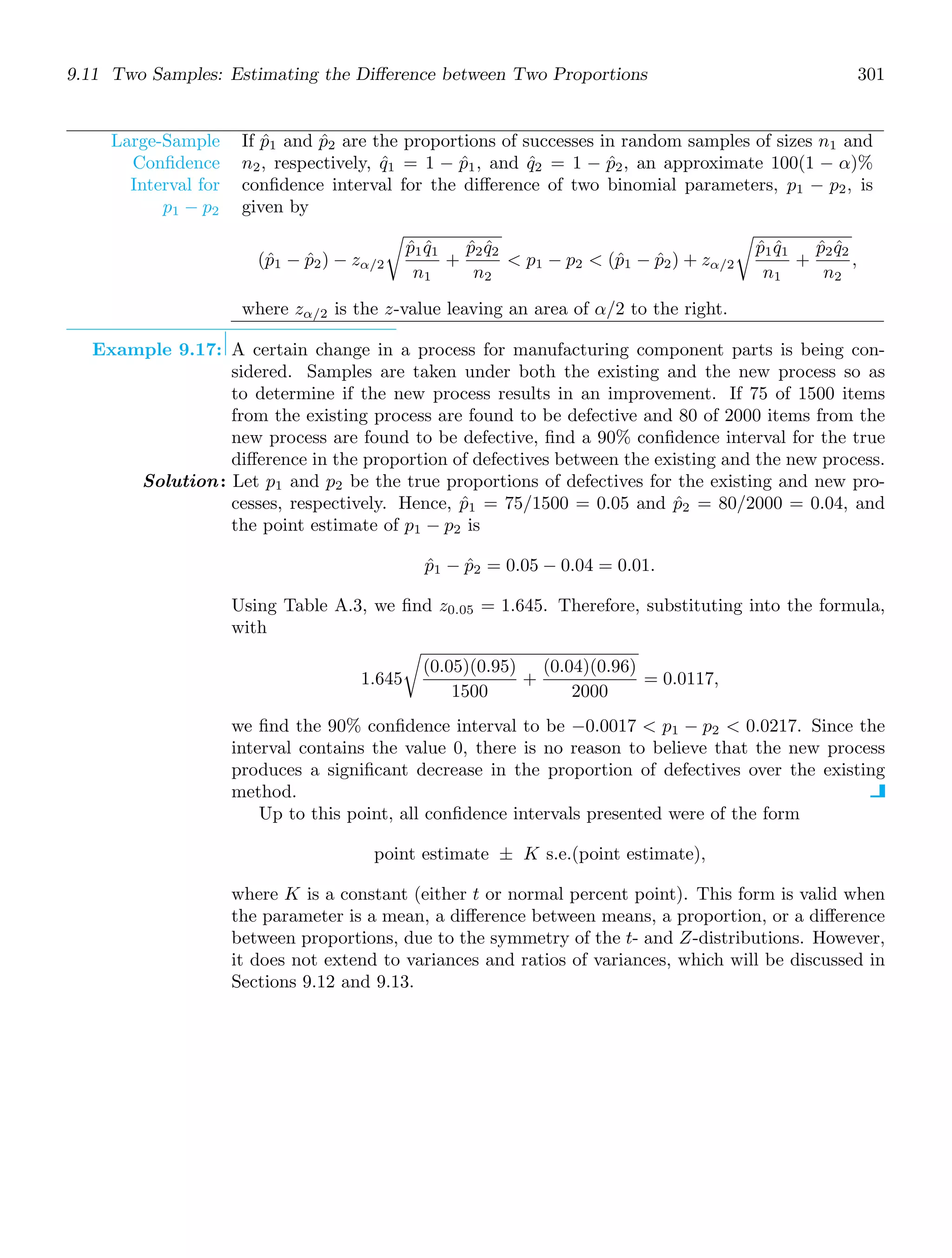9.11 Two Samples: Estimating the Diﬀerence between Two Proportions 301
Large-Sample
Conﬁdence
Interval for
p1 − p2
If p̂1 and p̂2 are the proportions of successes in random samples of sizes n1 and
n2, respectively, q̂1 = 1 − p̂1, and q̂2 = 1 − p̂2, an approximate 100(1 − α)%
conﬁdence interval for the diﬀerence of two binomial parameters, p1 − p2, is
given by
(p̂1 − p̂2) − zα/2

p̂1q̂1
n1
+
p̂2q̂2
n2
 p1 − p2  (p̂1 − p̂2) + zα/2

p̂1q̂1
n1
+
p̂2q̂2
n2
,
where zα/2 is the z-value leaving an area of α/2 to the right.
Example 9.17: A certain change in a process for manufacturing component parts is being con-
sidered. Samples are taken under both the existing and the new process so as
to determine if the new process results in an improvement. If 75 of 1500 items
from the existing process are found to be defective and 80 of 2000 items from the
new process are found to be defective, ﬁnd a 90% conﬁdence interval for the true
diﬀerence in the proportion of defectives between the existing and the new process.
Solution: Let p1 and p2 be the true proportions of defectives for the existing and new pro-
cesses, respectively. Hence, p̂1 = 75/1500 = 0.05 and p̂2 = 80/2000 = 0.04, and
the point estimate of p1 − p2 is
p̂1 − p̂2 = 0.05 − 0.04 = 0.01.
Using Table A.3, we ﬁnd z0.05 = 1.645. Therefore, substituting into the formula,
with
1.645

(0.05)(0.95)
1500
+
(0.04)(0.96)
2000
= 0.0117,
we ﬁnd the 90% conﬁdence interval to be −0.0017  p1 − p2  0.0217. Since the
interval contains the value 0, there is no reason to believe that the new process
produces a signiﬁcant decrease in the proportion of defectives over the existing
method.
Up to this point, all conﬁdence intervals presented were of the form
point estimate ± K s.e.(point estimate),
where K is a constant (either t or normal percent point). This form is valid when
the parameter is a mean, a diﬀerence between means, a proportion, or a diﬀerence
between proportions, due to the symmetry of the t- and Z-distributions. However,
it does not extend to variances and ratios of variances, which will be discussed in
Sections 9.12 and 9.13.
 