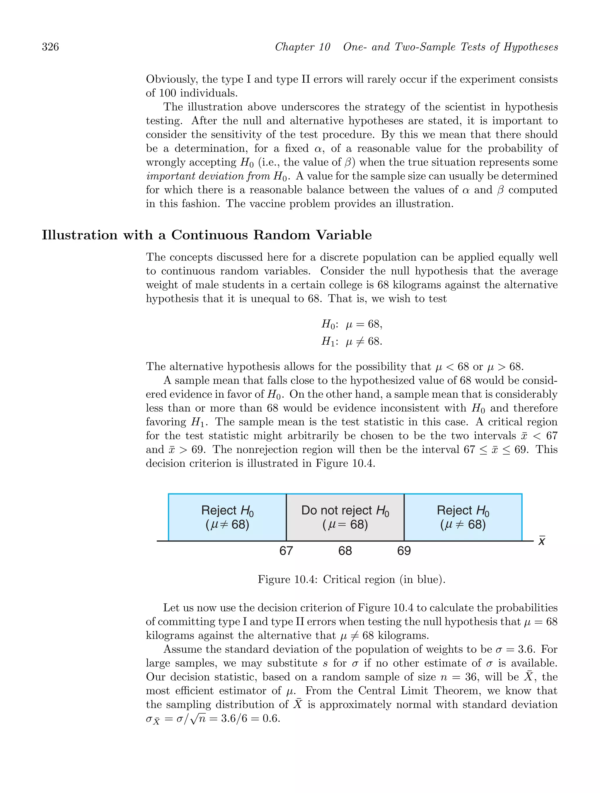 326 Chapter 10 One- and Two-Sample Tests of Hypotheses
Obviously, the type I and type II errors will rarely occur if the experiment consists
of 100 individuals.
The illustration above underscores the strategy of the scientist in hypothesis
testing. After the null and alternative hypotheses are stated, it is important to
consider the sensitivity of the test procedure. By this we mean that there should
be a determination, for a ﬁxed α, of a reasonable value for the probability of
wrongly accepting H0 (i.e., the value of β) when the true situation represents some
important deviation from H0. A value for the sample size can usually be determined
for which there is a reasonable balance between the values of α and β computed
in this fashion. The vaccine problem provides an illustration.
Illustration with a Continuous Random Variable
The concepts discussed here for a discrete population can be applied equally well
to continuous random variables. Consider the null hypothesis that the average
weight of male students in a certain college is 68 kilograms against the alternative
hypothesis that it is unequal to 68. That is, we wish to test
H0: μ = 68,
H1: μ = 68.
The alternative hypothesis allows for the possibility that μ  68 or μ  68.
A sample mean that falls close to the hypothesized value of 68 would be consid-
ered evidence in favor of H0. On the other hand, a sample mean that is considerably
less than or more than 68 would be evidence inconsistent with H0 and therefore
favoring H1. The sample mean is the test statistic in this case. A critical region
for the test statistic might arbitrarily be chosen to be the two intervals x̄  67
and x̄  69. The nonrejection region will then be the interval 67 ≤ x̄ ≤ 69. This
decision criterion is illustrated in Figure 10.4.
67 68 69
x
Reject H0
( ⫽ 68)
Reject H0
( ⫽ 68)
Do not reject H0
( ⫽ 68)
μ μ
μ Ⲑ Ⲑ
Figure 10.4: Critical region (in blue).
Let us now use the decision criterion of Figure 10.4 to calculate the probabilities
of committing type I and type II errors when testing the null hypothesis that μ = 68
kilograms against the alternative that μ = 68 kilograms.
Assume the standard deviation of the population of weights to be σ = 3.6. For
large samples, we may substitute s for σ if no other estimate of σ is available.
Our decision statistic, based on a random sample of size n = 36, will be X̄, the
most eﬃcient estimator of μ. From the Central Limit Theorem, we know that
the sampling distribution of X̄ is approximately normal with standard deviation
σX̄ = σ/
√
n = 3.6/6 = 0.6.
 