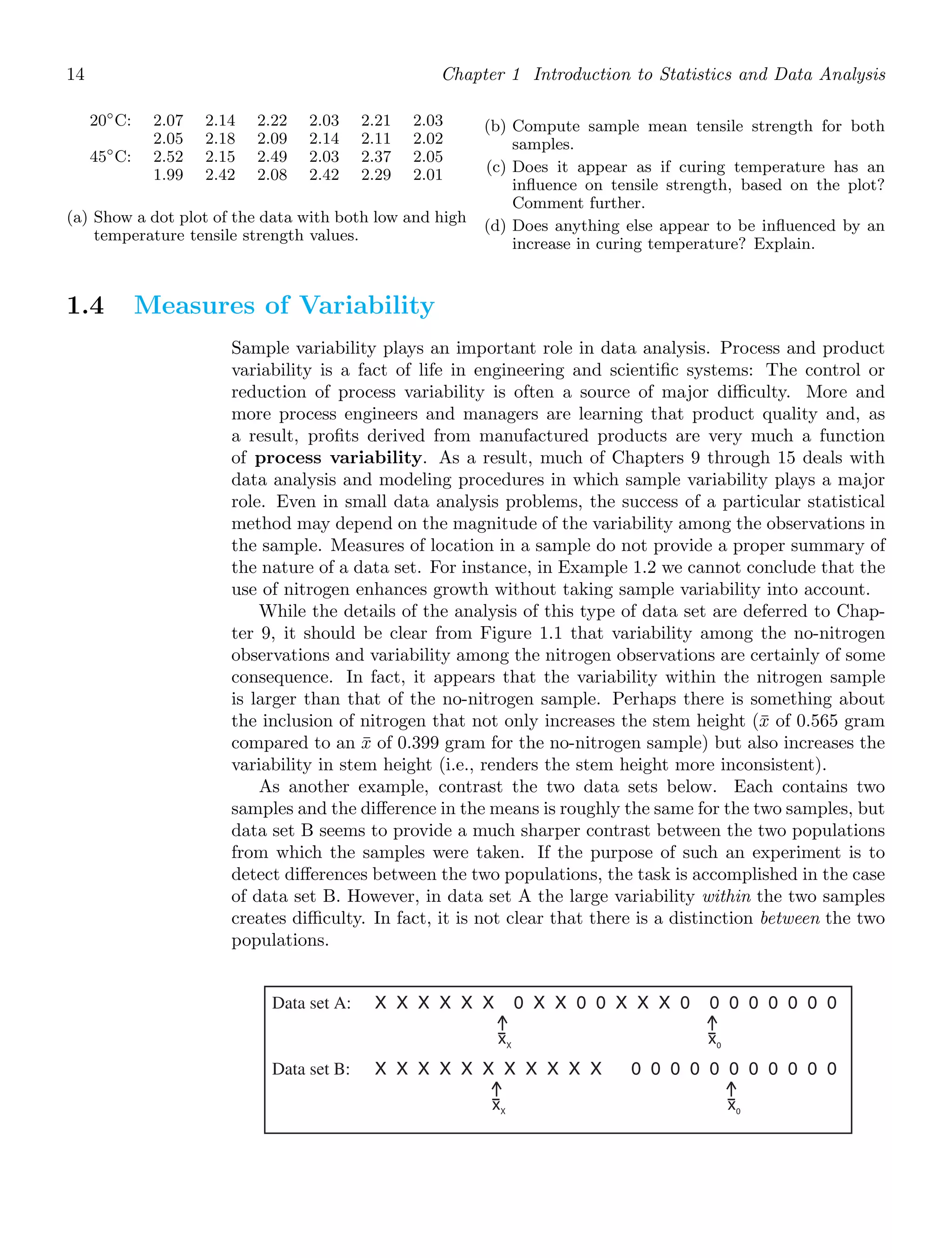 14 Chapter 1 Introduction to Statistics and Data Analysis
20◦
C: 2.07 2.14 2.22 2.03 2.21 2.03
2.05 2.18 2.09 2.14 2.11 2.02
45◦
C: 2.52 2.15 2.49 2.03 2.37 2.05
1.99 2.42 2.08 2.42 2.29 2.01
(a) Show a dot plot of the data with both low and high
temperature tensile strength values.
(b) Compute sample mean tensile strength for both
samples.
(c) Does it appear as if curing temperature has an
inﬂuence on tensile strength, based on the plot?
Comment further.
(d) Does anything else appear to be inﬂuenced by an
increase in curing temperature? Explain.
1.4 Measures of Variability
Sample variability plays an important role in data analysis. Process and product
variability is a fact of life in engineering and scientiﬁc systems: The control or
reduction of process variability is often a source of major diﬃculty. More and
more process engineers and managers are learning that product quality and, as
a result, proﬁts derived from manufactured products are very much a function
of process variability. As a result, much of Chapters 9 through 15 deals with
data analysis and modeling procedures in which sample variability plays a major
role. Even in small data analysis problems, the success of a particular statistical
method may depend on the magnitude of the variability among the observations in
the sample. Measures of location in a sample do not provide a proper summary of
the nature of a data set. For instance, in Example 1.2 we cannot conclude that the
use of nitrogen enhances growth without taking sample variability into account.
While the details of the analysis of this type of data set are deferred to Chap-
ter 9, it should be clear from Figure 1.1 that variability among the no-nitrogen
observations and variability among the nitrogen observations are certainly of some
consequence. In fact, it appears that the variability within the nitrogen sample
is larger than that of the no-nitrogen sample. Perhaps there is something about
the inclusion of nitrogen that not only increases the stem height (x̄ of 0.565 gram
compared to an x̄ of 0.399 gram for the no-nitrogen sample) but also increases the
variability in stem height (i.e., renders the stem height more inconsistent).
As another example, contrast the two data sets below. Each contains two
samples and the diﬀerence in the means is roughly the same for the two samples, but
data set B seems to provide a much sharper contrast between the two populations
from which the samples were taken. If the purpose of such an experiment is to
detect diﬀerences between the two populations, the task is accomplished in the case
of data set B. However, in data set A the large variability within the two samples
creates diﬃculty. In fact, it is not clear that there is a distinction between the two
populations.
Data set A: X X X X X X 0 X X 0 0 X X X 0 0 0 0 0 0 0 0
Data set B: X X X X X X X X X X X 0 0 0 0 0 0 0 0 0 0 0
xX
x0
xX
x0
 