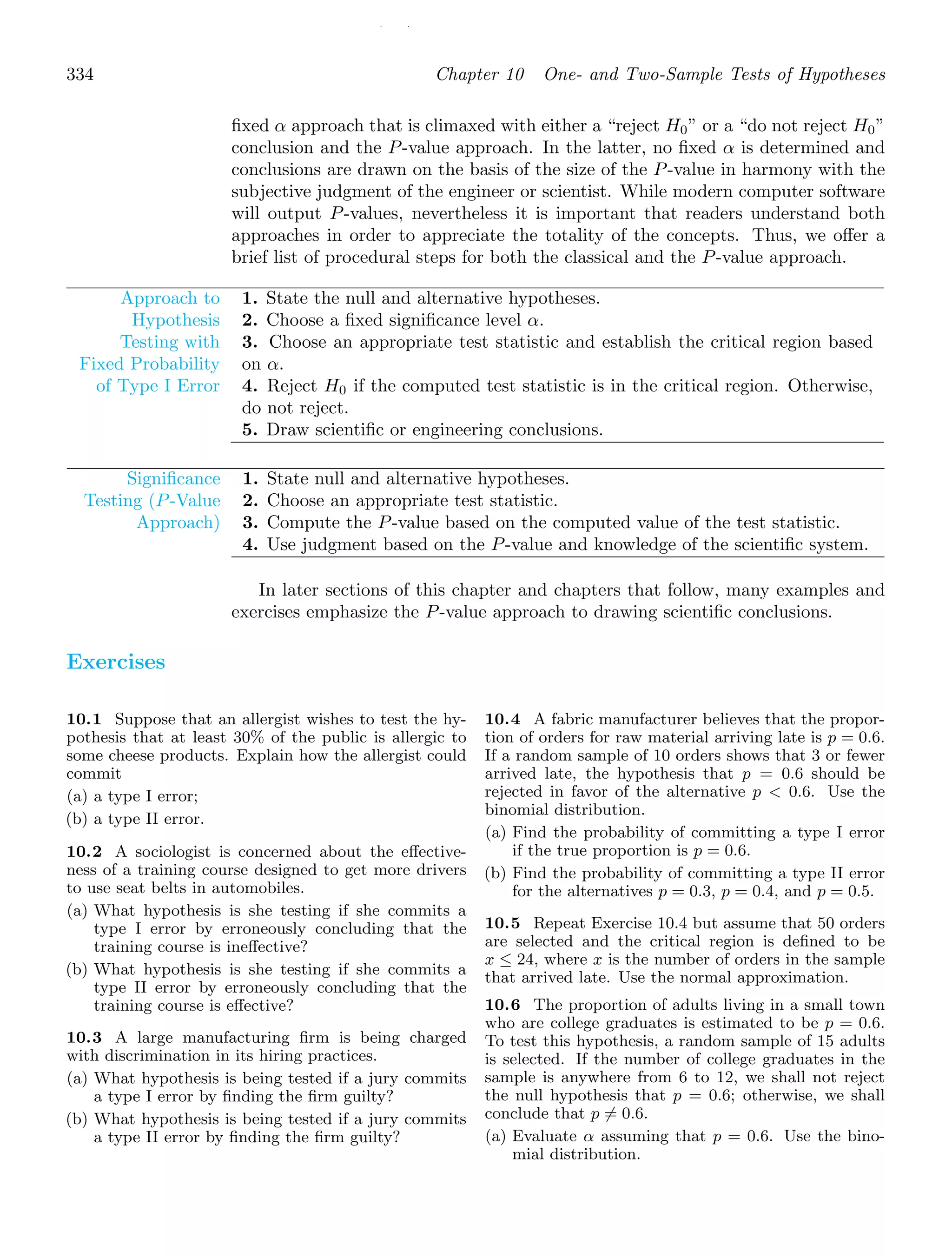 / /
334 Chapter 10 One- and Two-Sample Tests of Hypotheses
ﬁxed α approach that is climaxed with either a “reject H0” or a “do not reject H0”
conclusion and the P-value approach. In the latter, no ﬁxed α is determined and
conclusions are drawn on the basis of the size of the P-value in harmony with the
subjective judgment of the engineer or scientist. While modern computer software
will output P-values, nevertheless it is important that readers understand both
approaches in order to appreciate the totality of the concepts. Thus, we oﬀer a
brief list of procedural steps for both the classical and the P-value approach.
Approach to
Hypothesis
Testing with
Fixed Probability
of Type I Error
1. State the null and alternative hypotheses.
2. Choose a ﬁxed signiﬁcance level α.
3. Choose an appropriate test statistic and establish the critical region based
on α.
4. Reject H0 if the computed test statistic is in the critical region. Otherwise,
do not reject.
5. Draw scientiﬁc or engineering conclusions.
Signiﬁcance
Testing (P-Value
Approach)
1. State null and alternative hypotheses.
2. Choose an appropriate test statistic.
3. Compute the P-value based on the computed value of the test statistic.
4. Use judgment based on the P-value and knowledge of the scientiﬁc system.
In later sections of this chapter and chapters that follow, many examples and
exercises emphasize the P-value approach to drawing scientiﬁc conclusions.
Exercises
10.1 Suppose that an allergist wishes to test the hy-
pothesis that at least 30% of the public is allergic to
some cheese products. Explain how the allergist could
commit
(a) a type I error;
(b) a type II error.
10.2 A sociologist is concerned about the eﬀective-
ness of a training course designed to get more drivers
to use seat belts in automobiles.
(a) What hypothesis is she testing if she commits a
type I error by erroneously concluding that the
training course is ineﬀective?
(b) What hypothesis is she testing if she commits a
type II error by erroneously concluding that the
training course is eﬀective?
10.3 A large manufacturing ﬁrm is being charged
with discrimination in its hiring practices.
(a) What hypothesis is being tested if a jury commits
a type I error by ﬁnding the ﬁrm guilty?
(b) What hypothesis is being tested if a jury commits
a type II error by ﬁnding the ﬁrm guilty?
10.4 A fabric manufacturer believes that the propor-
tion of orders for raw material arriving late is p = 0.6.
If a random sample of 10 orders shows that 3 or fewer
arrived late, the hypothesis that p = 0.6 should be
rejected in favor of the alternative p  0.6. Use the
binomial distribution.
(a) Find the probability of committing a type I error
if the true proportion is p = 0.6.
(b) Find the probability of committing a type II error
for the alternatives p = 0.3, p = 0.4, and p = 0.5.
10.5 Repeat Exercise 10.4 but assume that 50 orders
are selected and the critical region is deﬁned to be
x ≤ 24, where x is the number of orders in the sample
that arrived late. Use the normal approximation.
10.6 The proportion of adults living in a small town
who are college graduates is estimated to be p = 0.6.
To test this hypothesis, a random sample of 15 adults
is selected. If the number of college graduates in the
sample is anywhere from 6 to 12, we shall not reject
the null hypothesis that p = 0.6; otherwise, we shall
conclude that p = 0.6.
(a) Evaluate α assuming that p = 0.6. Use the bino-
mial distribution.
 