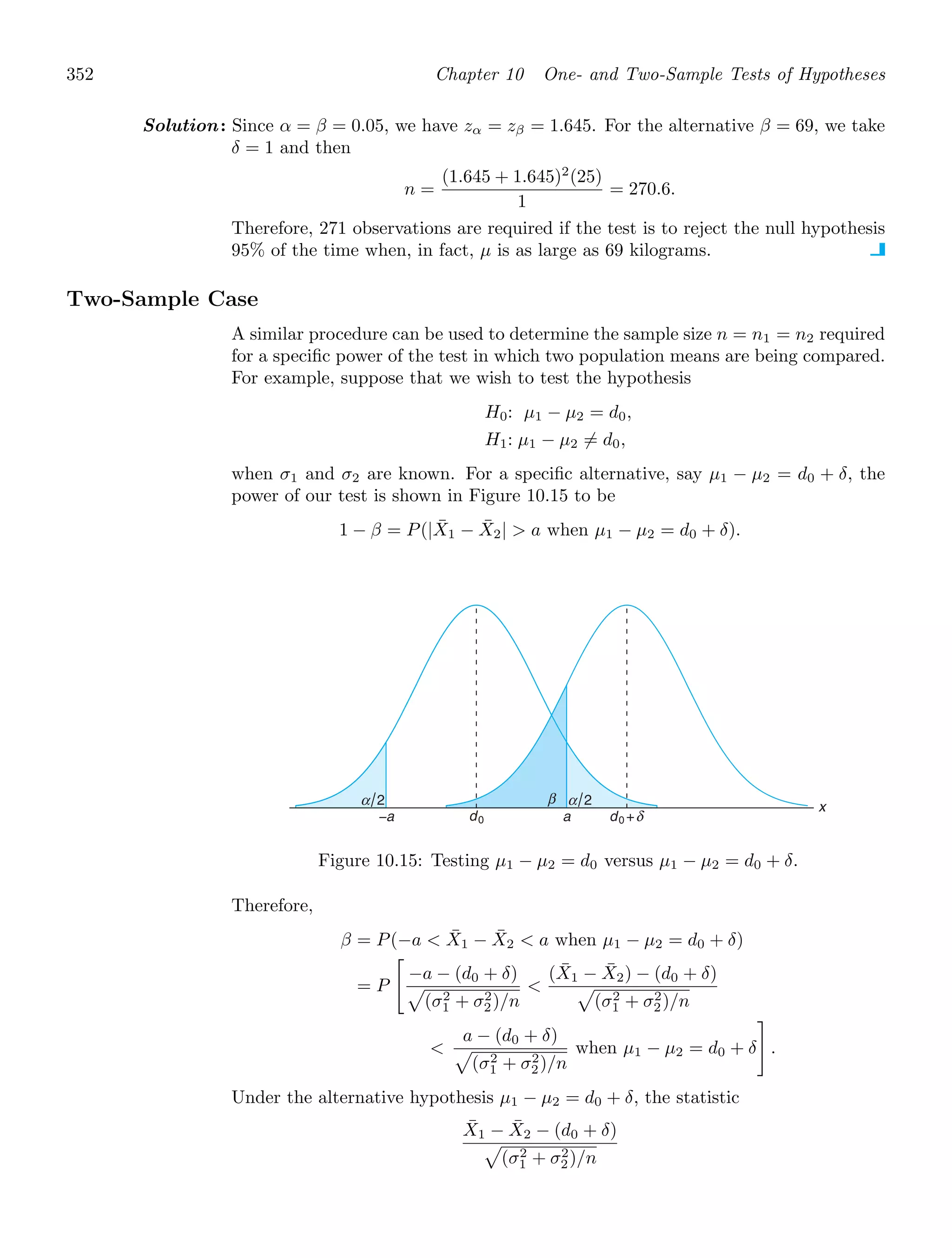 352 Chapter 10 One- and Two-Sample Tests of Hypotheses
Solution: Since α = β = 0.05, we have zα = zβ = 1.645. For the alternative β = 69, we take
δ = 1 and then
n =
(1.645 + 1.645)2
(25)
1
= 270.6.
Therefore, 271 observations are required if the test is to reject the null hypothesis
95% of the time when, in fact, μ is as large as 69 kilograms.
Two-Sample Case
A similar procedure can be used to determine the sample size n = n1 = n2 required
for a speciﬁc power of the test in which two population means are being compared.
For example, suppose that we wish to test the hypothesis
H0: μ1 − μ2 = d0,
H1: μ1 − μ2 = d0,
when σ1 and σ2 are known. For a speciﬁc alternative, say μ1 − μ2 = d0 + δ, the
power of our test is shown in Figure 10.15 to be
1 − β = P(|X̄1 − X̄2|  a when μ1 − μ2 = d0 + δ).
x
a +
−a d0 d0 δ
α 2
β
α 2
Figure 10.15: Testing μ1 − μ2 = d0 versus μ1 − μ2 = d0 + δ.
Therefore,
β = P(−a  X̄1 − X̄2  a when μ1 − μ2 = d0 + δ)
= P

−a − (d0 + δ)

(σ2
1 + σ2
2)/n

(X̄1 − X̄2) − (d0 + δ)

(σ2
1 + σ2
2)/n

a − (d0 + δ)

(σ2
1 + σ2
2)/n
when μ1 − μ2 = d0 + δ

.
Under the alternative hypothesis μ1 − μ2 = d0 + δ, the statistic
X̄1 − X̄2 − (d0 + δ)

(σ2
1 + σ2
2)/n
 