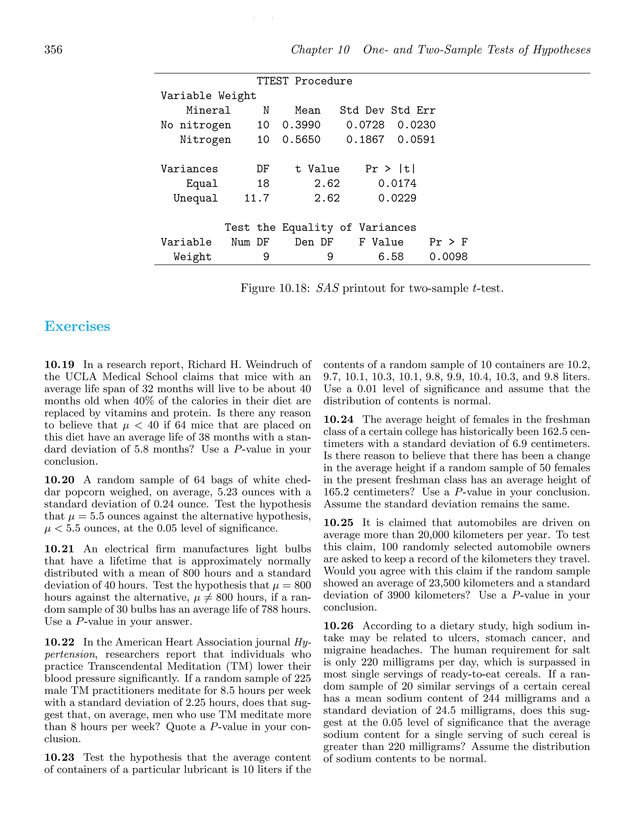 / /
356 Chapter 10 One- and Two-Sample Tests of Hypotheses
TTEST Procedure
Variable Weight
Mineral N Mean Std Dev Std Err
No nitrogen 10 0.3990 0.0728 0.0230
Nitrogen 10 0.5650 0.1867 0.0591
Variances DF t Value Pr  |t|
Equal 18 2.62 0.0174
Unequal 11.7 2.62 0.0229
Test the Equality of Variances
Variable Num DF Den DF F Value Pr  F
Weight 9 9 6.58 0.0098
Figure 10.18: SAS printout for two-sample t-test.
Exercises
10.19 In a research report, Richard H. Weindruch of
the UCLA Medical School claims that mice with an
average life span of 32 months will live to be about 40
months old when 40% of the calories in their diet are
replaced by vitamins and protein. Is there any reason
to believe that μ  40 if 64 mice that are placed on
this diet have an average life of 38 months with a stan-
dard deviation of 5.8 months? Use a P-value in your
conclusion.
10.20 A random sample of 64 bags of white ched-
dar popcorn weighed, on average, 5.23 ounces with a
standard deviation of 0.24 ounce. Test the hypothesis
that μ = 5.5 ounces against the alternative hypothesis,
μ  5.5 ounces, at the 0.05 level of signiﬁcance.
10.21 An electrical ﬁrm manufactures light bulbs
that have a lifetime that is approximately normally
distributed with a mean of 800 hours and a standard
deviation of 40 hours. Test the hypothesis that μ = 800
hours against the alternative, μ = 800 hours, if a ran-
dom sample of 30 bulbs has an average life of 788 hours.
Use a P-value in your answer.
10.22 In the American Heart Association journal Hy-
pertension, researchers report that individuals who
practice Transcendental Meditation (TM) lower their
blood pressure signiﬁcantly. If a random sample of 225
male TM practitioners meditate for 8.5 hours per week
with a standard deviation of 2.25 hours, does that sug-
gest that, on average, men who use TM meditate more
than 8 hours per week? Quote a P-value in your con-
clusion.
10.23 Test the hypothesis that the average content
of containers of a particular lubricant is 10 liters if the
contents of a random sample of 10 containers are 10.2,
9.7, 10.1, 10.3, 10.1, 9.8, 9.9, 10.4, 10.3, and 9.8 liters.
Use a 0.01 level of signiﬁcance and assume that the
distribution of contents is normal.
10.24 The average height of females in the freshman
class of a certain college has historically been 162.5 cen-
timeters with a standard deviation of 6.9 centimeters.
Is there reason to believe that there has been a change
in the average height if a random sample of 50 females
in the present freshman class has an average height of
165.2 centimeters? Use a P-value in your conclusion.
Assume the standard deviation remains the same.
10.25 It is claimed that automobiles are driven on
average more than 20,000 kilometers per year. To test
this claim, 100 randomly selected automobile owners
are asked to keep a record of the kilometers they travel.
Would you agree with this claim if the random sample
showed an average of 23,500 kilometers and a standard
deviation of 3900 kilometers? Use a P-value in your
conclusion.
10.26 According to a dietary study, high sodium in-
take may be related to ulcers, stomach cancer, and
migraine headaches. The human requirement for salt
is only 220 milligrams per day, which is surpassed in
most single servings of ready-to-eat cereals. If a ran-
dom sample of 20 similar servings of a certain cereal
has a mean sodium content of 244 milligrams and a
standard deviation of 24.5 milligrams, does this sug-
gest at the 0.05 level of signiﬁcance that the average
sodium content for a single serving of such cereal is
greater than 220 milligrams? Assume the distribution
of sodium contents to be normal.
 