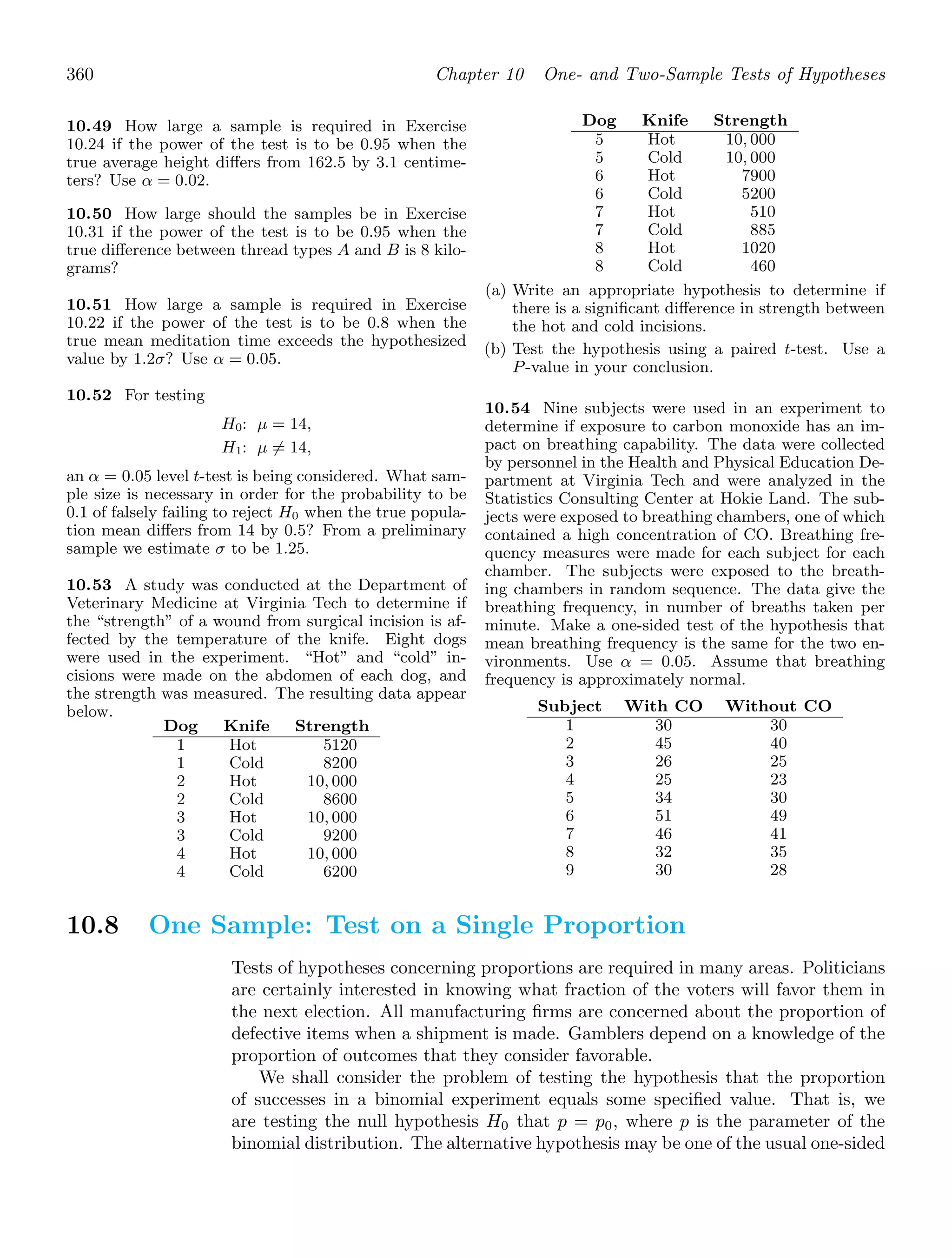 360 Chapter 10 One- and Two-Sample Tests of Hypotheses
10.49 How large a sample is required in Exercise
10.24 if the power of the test is to be 0.95 when the
true average height diﬀers from 162.5 by 3.1 centime-
ters? Use α = 0.02.
10.50 How large should the samples be in Exercise
10.31 if the power of the test is to be 0.95 when the
true diﬀerence between thread types A and B is 8 kilo-
grams?
10.51 How large a sample is required in Exercise
10.22 if the power of the test is to be 0.8 when the
true mean meditation time exceeds the hypothesized
value by 1.2σ? Use α = 0.05.
10.52 For testing
H0: μ = 14,
H1: μ = 14,
an α = 0.05 level t-test is being considered. What sam-
ple size is necessary in order for the probability to be
0.1 of falsely failing to reject H0 when the true popula-
tion mean diﬀers from 14 by 0.5? From a preliminary
sample we estimate σ to be 1.25.
10.53 A study was conducted at the Department of
Veterinary Medicine at Virginia Tech to determine if
the “strength” of a wound from surgical incision is af-
fected by the temperature of the knife. Eight dogs
were used in the experiment. “Hot” and “cold” in-
cisions were made on the abdomen of each dog, and
the strength was measured. The resulting data appear
below.
Dog Knife Strength
1
1
2
2
3
3
4
4
Hot
Cold
Hot
Cold
Hot
Cold
Hot
Cold
5120
8200
10, 000
8600
10, 000
9200
10, 000
6200
Dog Knife Strength
5
5
6
6
7
7
8
8
Hot
Cold
Hot
Cold
Hot
Cold
Hot
Cold
10, 000
10, 000
7900
5200
510
885
1020
460
(a) Write an appropriate hypothesis to determine if
there is a signiﬁcant diﬀerence in strength between
the hot and cold incisions.
(b) Test the hypothesis using a paired t-test. Use a
P-value in your conclusion.
10.54 Nine subjects were used in an experiment to
determine if exposure to carbon monoxide has an im-
pact on breathing capability. The data were collected
by personnel in the Health and Physical Education De-
partment at Virginia Tech and were analyzed in the
Statistics Consulting Center at Hokie Land. The sub-
jects were exposed to breathing chambers, one of which
contained a high concentration of CO. Breathing fre-
quency measures were made for each subject for each
chamber. The subjects were exposed to the breath-
ing chambers in random sequence. The data give the
breathing frequency, in number of breaths taken per
minute. Make a one-sided test of the hypothesis that
mean breathing frequency is the same for the two en-
vironments. Use α = 0.05. Assume that breathing
frequency is approximately normal.
Subject With CO Without CO
1 30 30
2 45 40
3 26 25
4 25 23
5 34 30
6 51 49
7 46 41
8 32 35
9 30 28
10.8 One Sample: Test on a Single Proportion
Tests of hypotheses concerning proportions are required in many areas. Politicians
are certainly interested in knowing what fraction of the voters will favor them in
the next election. All manufacturing ﬁrms are concerned about the proportion of
defective items when a shipment is made. Gamblers depend on a knowledge of the
proportion of outcomes that they consider favorable.
We shall consider the problem of testing the hypothesis that the proportion
of successes in a binomial experiment equals some speciﬁed value. That is, we
are testing the null hypothesis H0 that p = p0, where p is the parameter of the
binomial distribution. The alternative hypothesis may be one of the usual one-sided
 