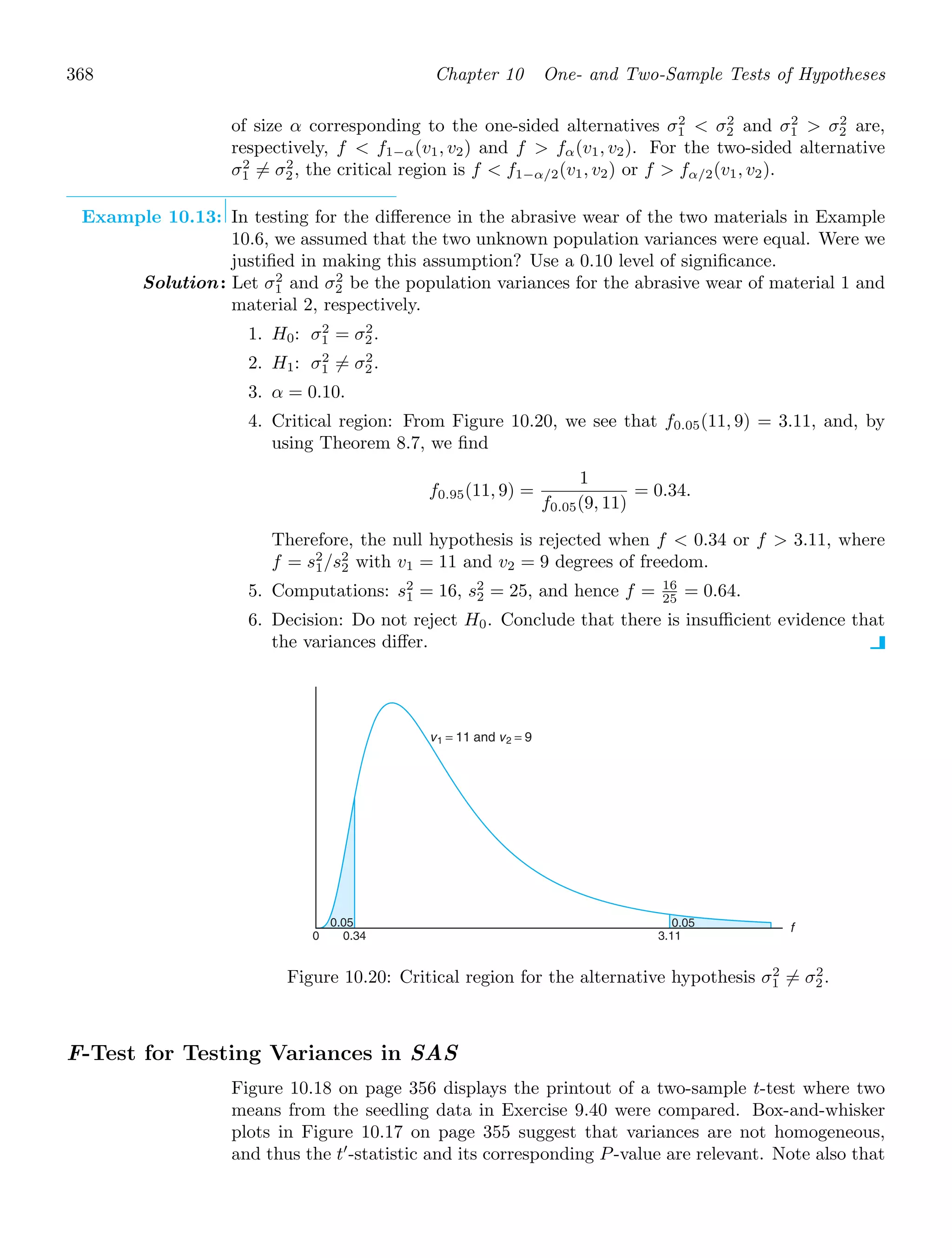 368 Chapter 10 One- and Two-Sample Tests of Hypotheses
of size α corresponding to the one-sided alternatives σ2
1  σ2
2 and σ2
1  σ2
2 are,
respectively, f  f1−α(v1, v2) and f  fα(v1, v2). For the two-sided alternative
σ2
1 = σ2
2, the critical region is f  f1−α/2(v1, v2) or f  fα/2(v1, v2).
Example 10.13: In testing for the diﬀerence in the abrasive wear of the two materials in Example
10.6, we assumed that the two unknown population variances were equal. Were we
justiﬁed in making this assumption? Use a 0.10 level of signiﬁcance.
Solution: Let σ2
1 and σ2
2 be the population variances for the abrasive wear of material 1 and
material 2, respectively.
1. H0: σ2
1 = σ2
2.
2. H1: σ2
1 = σ2
2.
3. α = 0.10.
4. Critical region: From Figure 10.20, we see that f0.05(11, 9) = 3.11, and, by
using Theorem 8.7, we ﬁnd
f0.95(11, 9) =
1
f0.05(9, 11)
= 0.34.
Therefore, the null hypothesis is rejected when f  0.34 or f  3.11, where
f = s2
1/s2
2 with v1 = 11 and v2 = 9 degrees of freedom.
5. Computations: s2
1 = 16, s2
2 = 25, and hence f = 16
25 = 0.64.
6. Decision: Do not reject H0. Conclude that there is insuﬃcient evidence that
the variances diﬀer.
0 0.34 3.11
f
v1 = 11 and v2 = 9
0.05
0.05
Figure 10.20: Critical region for the alternative hypothesis σ2
1 = σ2
2.
F-Test for Testing Variances in SAS
Figure 10.18 on page 356 displays the printout of a two-sample t-test where two
means from the seedling data in Exercise 9.40 were compared. Box-and-whisker
plots in Figure 10.17 on page 355 suggest that variances are not homogeneous,
and thus the t′
-statistic and its corresponding P-value are relevant. Note also that
 