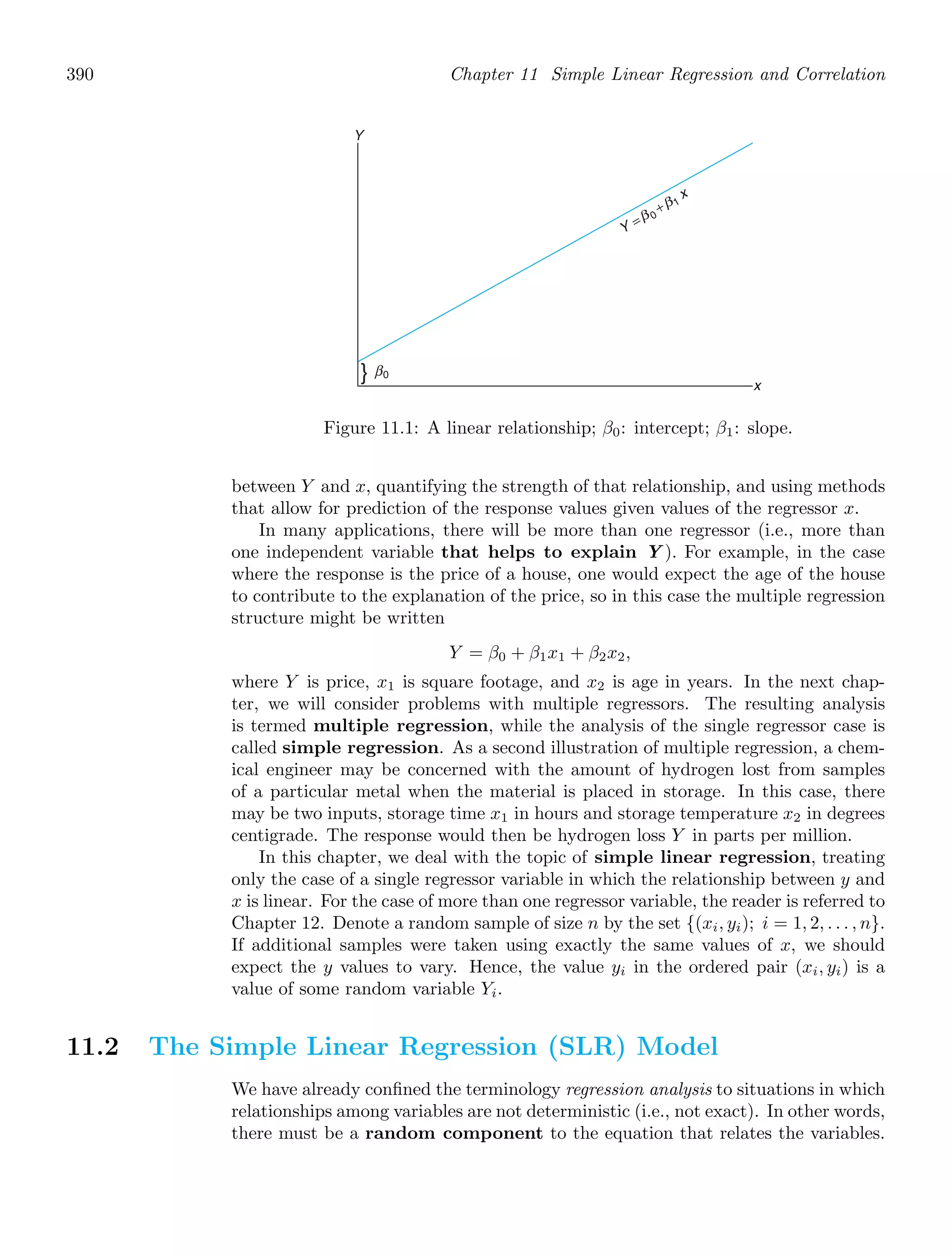 390 Chapter 11 Simple Linear Regression and Correlation
x
Y
} β0
Y
=
0
+β
β
1
x
Figure 11.1: A linear relationship; β0: intercept; β1: slope.
between Y and x, quantifying the strength of that relationship, and using methods
that allow for prediction of the response values given values of the regressor x.
In many applications, there will be more than one regressor (i.e., more than
one independent variable that helps to explain Y ). For example, in the case
where the response is the price of a house, one would expect the age of the house
to contribute to the explanation of the price, so in this case the multiple regression
structure might be written
Y = β0 + β1x1 + β2x2,
where Y is price, x1 is square footage, and x2 is age in years. In the next chap-
ter, we will consider problems with multiple regressors. The resulting analysis
is termed multiple regression, while the analysis of the single regressor case is
called simple regression. As a second illustration of multiple regression, a chem-
ical engineer may be concerned with the amount of hydrogen lost from samples
of a particular metal when the material is placed in storage. In this case, there
may be two inputs, storage time x1 in hours and storage temperature x2 in degrees
centigrade. The response would then be hydrogen loss Y in parts per million.
In this chapter, we deal with the topic of simple linear regression, treating
only the case of a single regressor variable in which the relationship between y and
x is linear. For the case of more than one regressor variable, the reader is referred to
Chapter 12. Denote a random sample of size n by the set {(xi, yi); i = 1, 2, . . . , n}.
If additional samples were taken using exactly the same values of x, we should
expect the y values to vary. Hence, the value yi in the ordered pair (xi, yi) is a
value of some random variable Yi.
11.2 The Simple Linear Regression (SLR) Model
We have already conﬁned the terminology regression analysis to situations in which
relationships among variables are not deterministic (i.e., not exact). In other words,
there must be a random component to the equation that relates the variables.
 