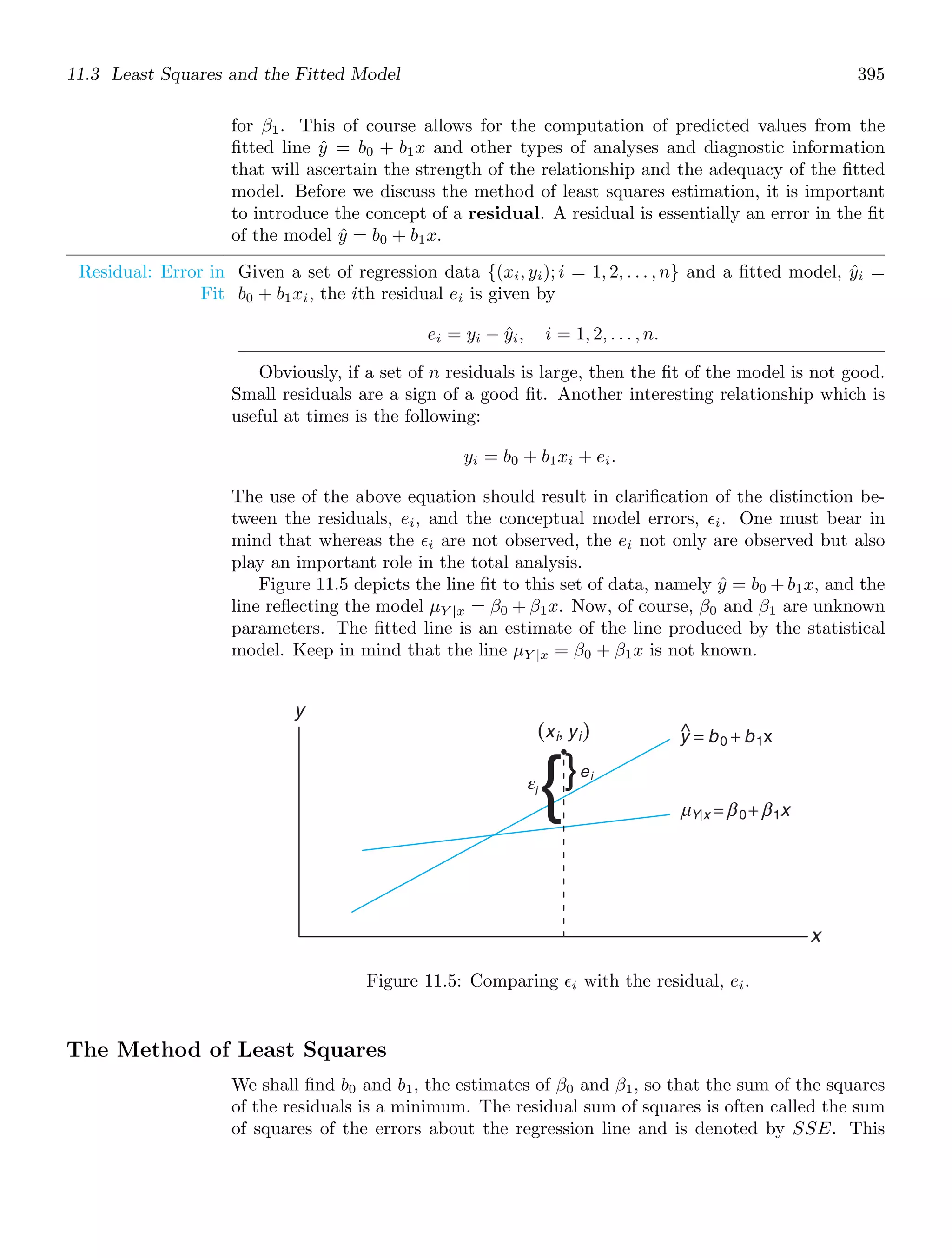 11.3 Least Squares and the Fitted Model 395
for β1. This of course allows for the computation of predicted values from the
ﬁtted line ŷ = b0 + b1x and other types of analyses and diagnostic information
that will ascertain the strength of the relationship and the adequacy of the ﬁtted
model. Before we discuss the method of least squares estimation, it is important
to introduce the concept of a residual. A residual is essentially an error in the ﬁt
of the model ŷ = b0 + b1x.
Residual: Error in
Fit
Given a set of regression data {(xi, yi); i = 1, 2, . . . , n} and a ﬁtted model, ŷi =
b0 + b1xi, the ith residual ei is given by
ei = yi − ŷi, i = 1, 2, . . . , n.
Obviously, if a set of n residuals is large, then the ﬁt of the model is not good.
Small residuals are a sign of a good ﬁt. Another interesting relationship which is
useful at times is the following:
yi = b0 + b1xi + ei.
The use of the above equation should result in clariﬁcation of the distinction be-
tween the residuals, ei, and the conceptual model errors, ǫi. One must bear in
mind that whereas the ǫi are not observed, the ei not only are observed but also
play an important role in the total analysis.
Figure 11.5 depicts the line ﬁt to this set of data, namely ŷ = b0 + b1x, and the
line reﬂecting the model μY |x = β0 + β1x. Now, of course, β0 and β1 are unknown
parameters. The ﬁtted line is an estimate of the line produced by the statistical
model. Keep in mind that the line μY |x = β0 + β1x is not known.
x
y
μY x β 0 β1x
y
^ = b0 +
= +
b1x
|
(xi, yi)
}ei
{
εi
Figure 11.5: Comparing ǫi with the residual, ei.
The Method of Least Squares
We shall ﬁnd b0 and b1, the estimates of β0 and β1, so that the sum of the squares
of the residuals is a minimum. The residual sum of squares is often called the sum
of squares of the errors about the regression line and is denoted by SSE. This
 