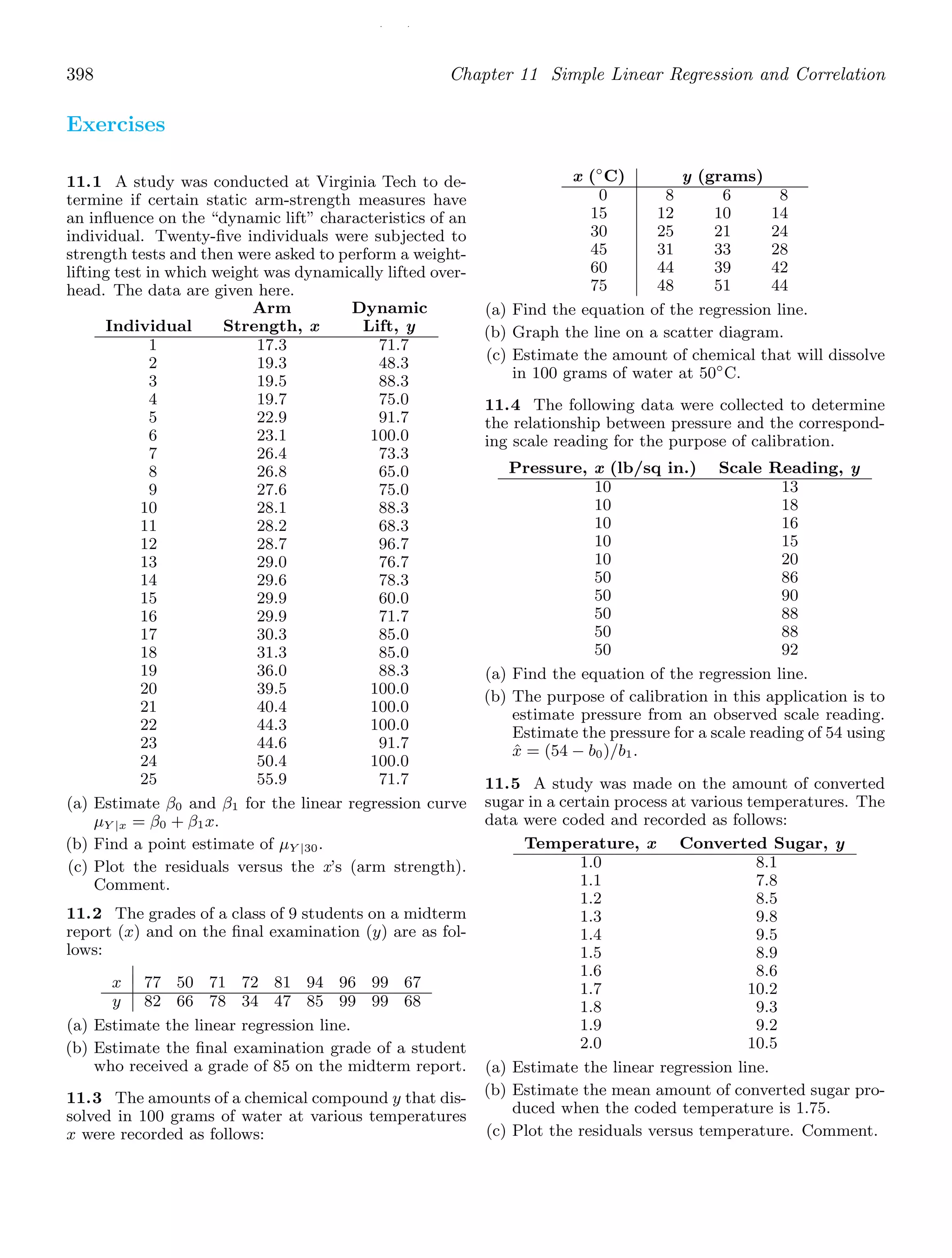 / /
398 Chapter 11 Simple Linear Regression and Correlation
Exercises
11.1 A study was conducted at Virginia Tech to de-
termine if certain static arm-strength measures have
an inﬂuence on the “dynamic lift” characteristics of an
individual. Twenty-ﬁve individuals were subjected to
strength tests and then were asked to perform a weight-
lifting test in which weight was dynamically lifted over-
head. The data are given here.
Arm Dynamic
Individual Strength, x Lift, y
1
2
3
4
5
6
7
8
9
10
11
12
17.3
19.3
19.5
19.7
22.9
23.1
26.4
26.8
27.6
28.1
28.2
28.7
71.7
48.3
88.3
75.0
91.7
100.0
73.3
65.0
75.0
88.3
68.3
96.7
13
14
15
16
17
18
19
20
21
22
23
24
25
29.0
29.6
29.9
29.9
30.3
31.3
36.0
39.5
40.4
44.3
44.6
50.4
55.9
76.7
78.3
60.0
71.7
85.0
85.0
88.3
100.0
100.0
100.0
91.7
100.0
71.7
(a) Estimate β0 and β1 for the linear regression curve
μY |x = β0 + β1x.
(b) Find a point estimate of μY |30.
(c) Plot the residuals versus the x’s (arm strength).
Comment.
11.2 The grades of a class of 9 students on a midterm
report (x) and on the ﬁnal examination (y) are as fol-
lows:
x 77 50 71 72 81 94 96 99 67
y 82 66 78 34 47 85 99 99 68
(a) Estimate the linear regression line.
(b) Estimate the ﬁnal examination grade of a student
who received a grade of 85 on the midterm report.
11.3 The amounts of a chemical compound y that dis-
solved in 100 grams of water at various temperatures
x were recorded as follows:
x (◦
C) y (grams)
0
15
30
45
60
75
8
12
25
31
44
48
6
10
21
33
39
51
8
14
24
28
42
44
(a) Find the equation of the regression line.
(b) Graph the line on a scatter diagram.
(c) Estimate the amount of chemical that will dissolve
in 100 grams of water at 50◦
C.
11.4 The following data were collected to determine
the relationship between pressure and the correspond-
ing scale reading for the purpose of calibration.
Pressure, x (lb/sq in.) Scale Reading, y
10 13
10 18
10 16
10 15
10 20
50 86
50 90
50 88
50 88
50 92
(a) Find the equation of the regression line.
(b) The purpose of calibration in this application is to
estimate pressure from an observed scale reading.
Estimate the pressure for a scale reading of 54 using
x̂ = (54 − b0)/b1.
11.5 A study was made on the amount of converted
sugar in a certain process at various temperatures. The
data were coded and recorded as follows:
Temperature, x Converted Sugar, y
1.0
1.1
1.2
1.3
1.4
1.5
1.6
1.7
1.8
1.9
2.0
8.1
7.8
8.5
9.8
9.5
8.9
8.6
10.2
9.3
9.2
10.5
(a) Estimate the linear regression line.
(b) Estimate the mean amount of converted sugar pro-
duced when the coded temperature is 1.75.
(c) Plot the residuals versus temperature. Comment.
 