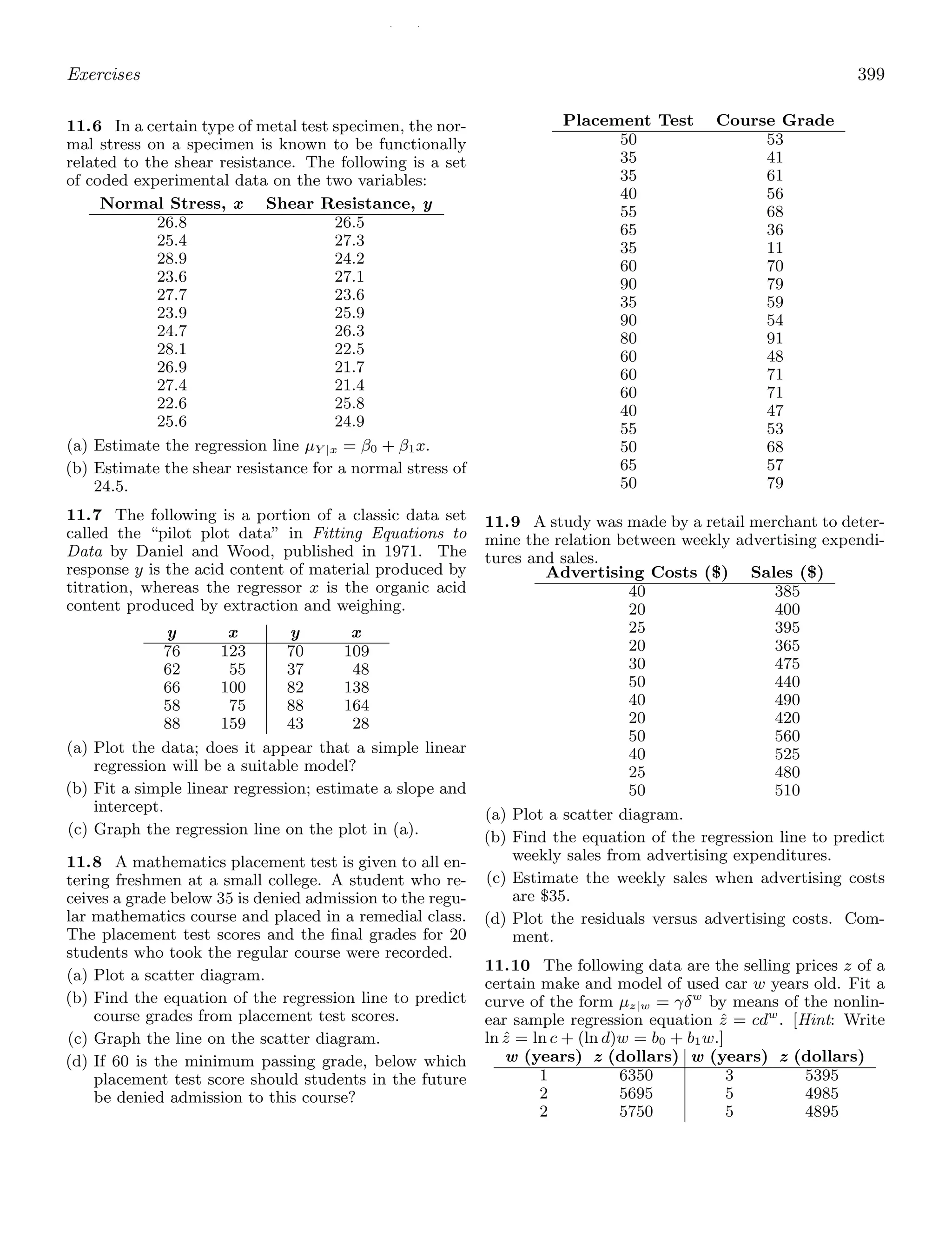 / /
Exercises 399
11.6 In a certain type of metal test specimen, the nor-
mal stress on a specimen is known to be functionally
related to the shear resistance. The following is a set
of coded experimental data on the two variables:
Normal Stress, x Shear Resistance, y
26.8 26.5
25.4 27.3
28.9 24.2
23.6 27.1
27.7 23.6
23.9 25.9
24.7 26.3
28.1 22.5
26.9 21.7
27.4 21.4
22.6 25.8
25.6 24.9
(a) Estimate the regression line μY |x = β0 + β1x.
(b) Estimate the shear resistance for a normal stress of
24.5.
11.7 The following is a portion of a classic data set
called the “pilot plot data” in Fitting Equations to
Data by Daniel and Wood, published in 1971. The
response y is the acid content of material produced by
titration, whereas the regressor x is the organic acid
content produced by extraction and weighing.
y x y x
76
62
66
58
88
123
55
100
75
159
70
37
82
88
43
109
48
138
164
28
(a) Plot the data; does it appear that a simple linear
regression will be a suitable model?
(b) Fit a simple linear regression; estimate a slope and
intercept.
(c) Graph the regression line on the plot in (a).
11.8 A mathematics placement test is given to all en-
tering freshmen at a small college. A student who re-
ceives a grade below 35 is denied admission to the regu-
lar mathematics course and placed in a remedial class.
The placement test scores and the ﬁnal grades for 20
students who took the regular course were recorded.
(a) Plot a scatter diagram.
(b) Find the equation of the regression line to predict
course grades from placement test scores.
(c) Graph the line on the scatter diagram.
(d) If 60 is the minimum passing grade, below which
placement test score should students in the future
be denied admission to this course?
Placement Test Course Grade
50 53
35 41
35 61
40 56
55 68
65 36
35 11
60 70
90 79
35 59
90 54
80 91
60 48
60 71
60 71
40 47
55 53
50 68
65 57
50 79
11.9 A study was made by a retail merchant to deter-
mine the relation between weekly advertising expendi-
tures and sales.
Advertising Costs ($) Sales ($)
40 385
20 400
25 395
20 365
30 475
50 440
40 490
20 420
50 560
40 525
25 480
50 510
(a) Plot a scatter diagram.
(b) Find the equation of the regression line to predict
weekly sales from advertising expenditures.
(c) Estimate the weekly sales when advertising costs
are $35.
(d) Plot the residuals versus advertising costs. Com-
ment.
11.10 The following data are the selling prices z of a
certain make and model of used car w years old. Fit a
curve of the form μz|w = γδw
by means of the nonlin-
ear sample regression equation ẑ = cdw
. [Hint: Write
ln ẑ = ln c + (ln d)w = b0 + b1w.]
w (years) z (dollars) w (years) z (dollars)
1 6350 3 5395
2 5695 5 4985
2 5750 5 4895
 