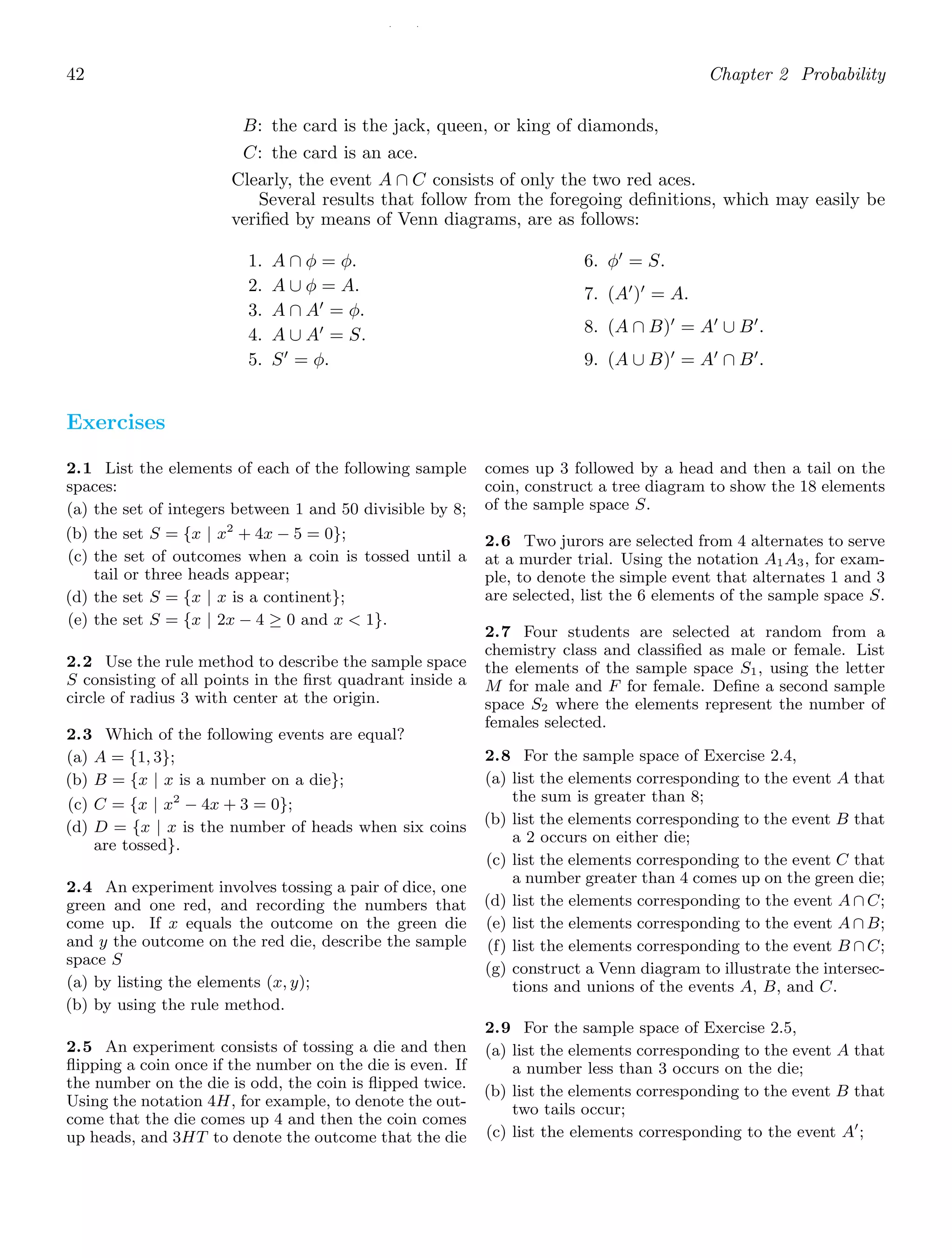 / /
42 Chapter 2 Probability
B: the card is the jack, queen, or king of diamonds,
C: the card is an ace.
Clearly, the event A ∩ C consists of only the two red aces.
Several results that follow from the foregoing deﬁnitions, which may easily be
veriﬁed by means of Venn diagrams, are as follows:
1. A ∩ φ = φ.
2. A ∪ φ = A.
3. A ∩ A′
= φ.
4. A ∪ A′
= S.
5. S′
= φ.
6. φ′
= S.
7. (A′
)′
= A.
8. (A ∩ B)′
= A′
∪ B′
.
9. (A ∪ B)′
= A′
∩ B′
.
Exercises
2.1 List the elements of each of the following sample
spaces:
(a) the set of integers between 1 and 50 divisible by 8;
(b) the set S = {x | x2
+ 4x − 5 = 0};
(c) the set of outcomes when a coin is tossed until a
tail or three heads appear;
(d) the set S = {x | x is a continent};
(e) the set S = {x | 2x − 4 ≥ 0 and x  1}.
2.2 Use the rule method to describe the sample space
S consisting of all points in the ﬁrst quadrant inside a
circle of radius 3 with center at the origin.
2.3 Which of the following events are equal?
(a) A = {1, 3};
(b) B = {x | x is a number on a die};
(c) C = {x | x2
− 4x + 3 = 0};
(d) D = {x | x is the number of heads when six coins
are tossed}.
2.4 An experiment involves tossing a pair of dice, one
green and one red, and recording the numbers that
come up. If x equals the outcome on the green die
and y the outcome on the red die, describe the sample
space S
(a) by listing the elements (x, y);
(b) by using the rule method.
2.5 An experiment consists of tossing a die and then
ﬂipping a coin once if the number on the die is even. If
the number on the die is odd, the coin is ﬂipped twice.
Using the notation 4H, for example, to denote the out-
come that the die comes up 4 and then the coin comes
up heads, and 3HT to denote the outcome that the die
comes up 3 followed by a head and then a tail on the
coin, construct a tree diagram to show the 18 elements
of the sample space S.
2.6 Two jurors are selected from 4 alternates to serve
at a murder trial. Using the notation A1A3, for exam-
ple, to denote the simple event that alternates 1 and 3
are selected, list the 6 elements of the sample space S.
2.7 Four students are selected at random from a
chemistry class and classiﬁed as male or female. List
the elements of the sample space S1, using the letter
M for male and F for female. Deﬁne a second sample
space S2 where the elements represent the number of
females selected.
2.8 For the sample space of Exercise 2.4,
(a) list the elements corresponding to the event A that
the sum is greater than 8;
(b) list the elements corresponding to the event B that
a 2 occurs on either die;
(c) list the elements corresponding to the event C that
a number greater than 4 comes up on the green die;
(d) list the elements corresponding to the event A ∩ C;
(e) list the elements corresponding to the event A ∩ B;
(f) list the elements corresponding to the event B ∩ C;
(g) construct a Venn diagram to illustrate the intersec-
tions and unions of the events A, B, and C.
2.9 For the sample space of Exercise 2.5,
(a) list the elements corresponding to the event A that
a number less than 3 occurs on the die;
(b) list the elements corresponding to the event B that
two tails occur;
(c) list the elements corresponding to the event A′
;
 