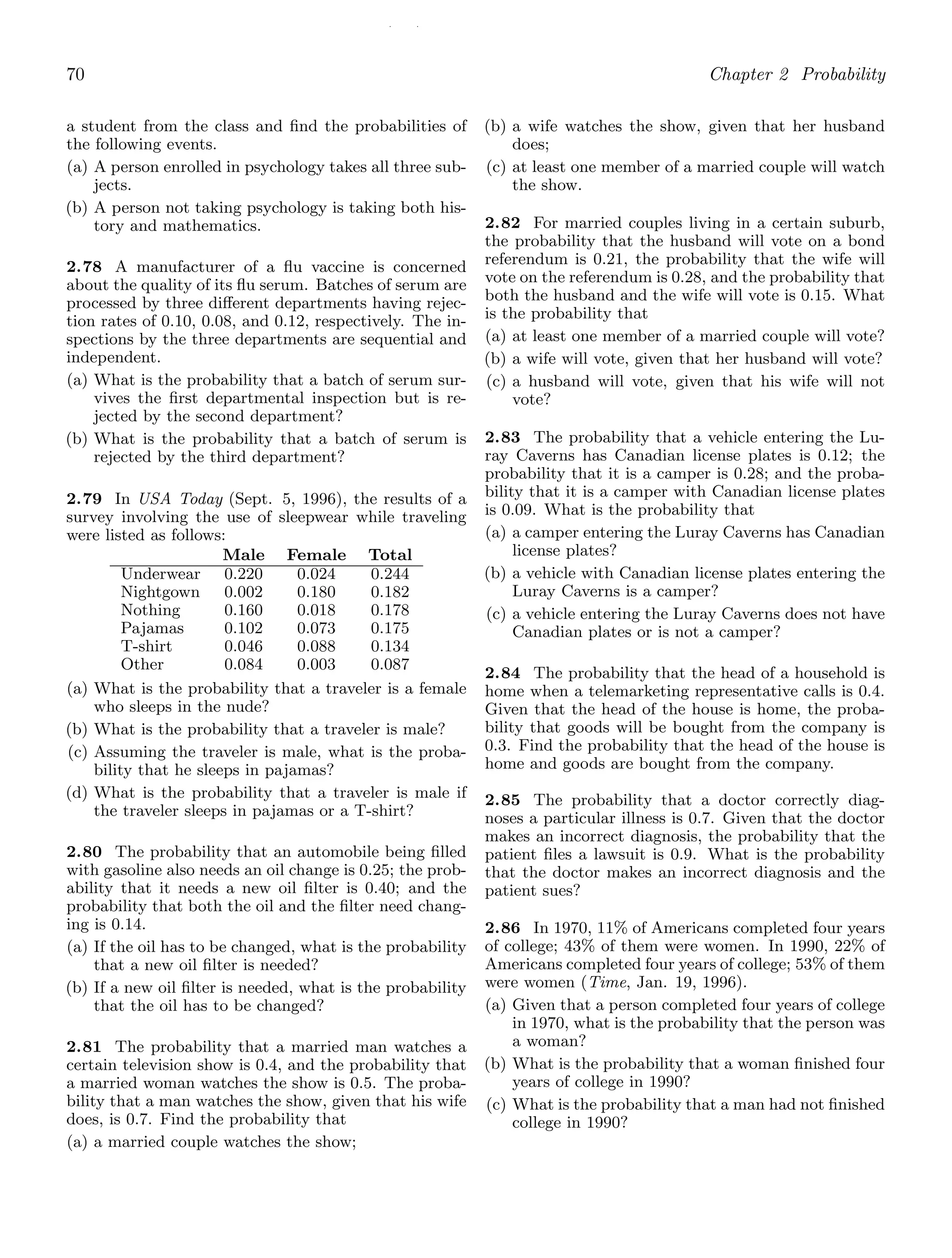 / /
70 Chapter 2 Probability
a student from the class and ﬁnd the probabilities of
the following events.
(a) A person enrolled in psychology takes all three sub-
jects.
(b) A person not taking psychology is taking both his-
tory and mathematics.
2.78 A manufacturer of a ﬂu vaccine is concerned
about the quality of its ﬂu serum. Batches of serum are
processed by three diﬀerent departments having rejec-
tion rates of 0.10, 0.08, and 0.12, respectively. The in-
spections by the three departments are sequential and
independent.
(a) What is the probability that a batch of serum sur-
vives the ﬁrst departmental inspection but is re-
jected by the second department?
(b) What is the probability that a batch of serum is
rejected by the third department?
2.79 In USA Today (Sept. 5, 1996), the results of a
survey involving the use of sleepwear while traveling
were listed as follows:
Male Female Total
Underwear 0.220 0.024 0.244
Nightgown 0.002 0.180 0.182
Nothing 0.160 0.018 0.178
Pajamas 0.102 0.073 0.175
T-shirt 0.046 0.088 0.134
Other 0.084 0.003 0.087
(a) What is the probability that a traveler is a female
who sleeps in the nude?
(b) What is the probability that a traveler is male?
(c) Assuming the traveler is male, what is the proba-
bility that he sleeps in pajamas?
(d) What is the probability that a traveler is male if
the traveler sleeps in pajamas or a T-shirt?
2.80 The probability that an automobile being ﬁlled
with gasoline also needs an oil change is 0.25; the prob-
ability that it needs a new oil ﬁlter is 0.40; and the
probability that both the oil and the ﬁlter need chang-
ing is 0.14.
(a) If the oil has to be changed, what is the probability
that a new oil ﬁlter is needed?
(b) If a new oil ﬁlter is needed, what is the probability
that the oil has to be changed?
2.81 The probability that a married man watches a
certain television show is 0.4, and the probability that
a married woman watches the show is 0.5. The proba-
bility that a man watches the show, given that his wife
does, is 0.7. Find the probability that
(a) a married couple watches the show;
(b) a wife watches the show, given that her husband
does;
(c) at least one member of a married couple will watch
the show.
2.82 For married couples living in a certain suburb,
the probability that the husband will vote on a bond
referendum is 0.21, the probability that the wife will
vote on the referendum is 0.28, and the probability that
both the husband and the wife will vote is 0.15. What
is the probability that
(a) at least one member of a married couple will vote?
(b) a wife will vote, given that her husband will vote?
(c) a husband will vote, given that his wife will not
vote?
2.83 The probability that a vehicle entering the Lu-
ray Caverns has Canadian license plates is 0.12; the
probability that it is a camper is 0.28; and the proba-
bility that it is a camper with Canadian license plates
is 0.09. What is the probability that
(a) a camper entering the Luray Caverns has Canadian
license plates?
(b) a vehicle with Canadian license plates entering the
Luray Caverns is a camper?
(c) a vehicle entering the Luray Caverns does not have
Canadian plates or is not a camper?
2.84 The probability that the head of a household is
home when a telemarketing representative calls is 0.4.
Given that the head of the house is home, the proba-
bility that goods will be bought from the company is
0.3. Find the probability that the head of the house is
home and goods are bought from the company.
2.85 The probability that a doctor correctly diag-
noses a particular illness is 0.7. Given that the doctor
makes an incorrect diagnosis, the probability that the
patient ﬁles a lawsuit is 0.9. What is the probability
that the doctor makes an incorrect diagnosis and the
patient sues?
2.86 In 1970, 11% of Americans completed four years
of college; 43% of them were women. In 1990, 22% of
Americans completed four years of college; 53% of them
were women (Time, Jan. 19, 1996).
(a) Given that a person completed four years of college
in 1970, what is the probability that the person was
a woman?
(b) What is the probability that a woman ﬁnished four
years of college in 1990?
(c) What is the probability that a man had not ﬁnished
college in 1990?
 