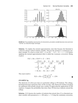 Section 5.4 Normal Random Variables 205
0 2 4 6
(10, 0.7)
8 10 0
0 5
0.0
0.02
0.04
0.06
0.08
0.10
0.12
0.14
0.16
0.0
0.14
0.12
0.10
0.08
0.06
0.04
0.02
0.0
0.30
0.25
0.20
0.15
0.10
0.05
0.0
0.20
0.15
0.10
0.05
10 15
(30, 0.7)
20 25 30 0 10 20
(50, 0.7)
30 40 50
5 10
(20, 0.7)
x
x x
x
15 20
FIGURE 5.6: The probability mass function of a binomial (n, p) random variable becomes more and more
“normal” as n becomes larger and larger.
Solution. To employ the normal approximation, note that because the binomial is
a discrete integer-valued random variable, whereas the normal is a continuous ran-
dom variable, it is best to write P{X = i} as P{i − 1/2  X  i + 1/2} before
applying the normal approximation (this is called the continuity correction). Doing
so gives
P{X = 20} = P{19.5 … X  20.5}
= P
0
19.5 − 20
√
10

X − 20
√
10

20.5 − 20
√
10
7
L P
0
−.16 
X − 20
√
10
 .16
7
L (.16) − (−.16) L .1272
The exact result is
P{X = 20} =

40
20
 
1
2
40
L .1254 .
EXAMPLE 4g
The ideal size of a ﬁrst-year class at a particular college is 150 students. The college,
knowing from past experience that, on the average, only 30 percent of those accepted
for admission will actually attend, uses a policy of approving the applications of 450
students. Compute the probability that more than 150 ﬁrst-year students attend this
college.
Solution. If X denotes the number of students that attend, then X is a binomial ran-
dom variable with parameters n = 450 and p = .3. Using the continuity correction,
 