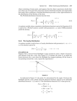 Section 5.6 Other Continuous Distributions 217
object consisting of many parts, and suppose that the object experiences death (fail-
ure) when any of its parts fail. It has been shown (both theoretically and empirically)
that under these conditions a Weibull distribution provides a close approximation to
the distribution of the lifetime of the item.
The Weibull distribution function has the form
F(x) =
⎧
⎪
⎪
⎨
⎪
⎪
⎩
0 x … ν
1 − exp
0
−

x − ν
α
β
7
x  ν
(6.2)
A random variable whose cumulative distribution function is given by Equation (6.2)
is said to be a Weibull random variable with parameters ν, α, and β. Differentiation
yields the density:
f(x) =
⎧
⎪
⎪
⎨
⎪
⎪
⎩
0 x … ν
β
α

x − ν
α
β−1
exp
0
−

x − ν
α
β
7
x  ν
5.6.3 The Cauchy Distribution
A random variable is said to have a Cauchy distribution with parameter θ, −q  θ 
q, if its density is given by
f(x) =
1
π
1
1 + (x − θ)2
− q  x  q
EXAMPLE 6b
Suppose that a narrow-beam ﬂashlight is spun around its center, which is located a
unit distance from the x-axis. (See Figure 5.7.) Consider the point X at which the
beam intersects the x-axis when the ﬂashlight has stopped spinning. (If the beam is
not pointing toward the x-axis, repeat the experiment.)
␪
1
0 X x-axis
FIGURE 5.7
As indicated in Figure 5.7, the point X is determined by the angle θ between the
ﬂashlight and the y-axis, which, from the physical situation, appears to be uniformly
distributed between −π/2 and π/2. The distribution function of X is thus given by
F(x) = P{X … x}
= P{tan θ … x}
= P{θ … tan−1
x}
=
1
2
+
1
π
tan−1
x
 