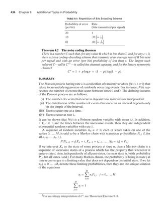 434 Chapter 9 Additional Topics in Probability
TABLE 9.1: Repetition of Bits Encoding Scheme
Probability of error Rate
(per bit) (bits transmitted per signal)
.20 1
.10 .33

= 1
3

.01 .06

= 1
17

Theorem 4.2 The noisy coding theorem
There is a number C such that, for any value R which is less than C, and for any ε0,
there exists a coding–decoding scheme that transmits at an average rate of R bits sent
per signal and with an error (per bit) probability of less than ε. The largest such
value of C—call it C∗†
—is called the channel capacity, and for the binary symmetric
channel,
C∗
= 1 + p log p + (1 − p) log(1 − p)
SUMMARY
The Poisson process having rate λ is a collection of random variables {N(t), t Ú 0} that
relate to an underlying process of randomly occurring events. For instance, N(t) rep-
resents the number of events that occur between times 0 and t. The deﬁning features
of the Poisson process are as follows:
(i) The number of events that occur in disjoint time intervals are independent.
(ii) The distribution of the number of events that occur in an interval depends only
on the length of the interval.
(iii) Events occur one at a time.
(iv) Events occur at rate λ.
It can be shown that N(t) is a Poisson random variable with mean λt. In addition,
if Ti, i Ú 1, are the times between the successive events, then they are independent
exponential random variables with rate λ.
A sequence of random variables Xn, n Ú 0, each of which takes on one of the
values 0, ... , M, is said to be a Markov chain with transition probabilities Pi, j if, for
all n, i0, ... , in, i, j,
P{Xn+1 = j|Xn = i, Xn−1 = in−1, ... , X0 = i0} = Pi, j
If we interpret Xn as the state of some process at time n, then a Markov chain is a
sequence of successive states of a process which has the property that whenever it
enters state i, then, independently of all past states, the next state is j with probability
Pi,j, for all states i and j. For many Markov chains, the probability of being in state j at
time n converges to a limiting value that does not depend on the initial state. If we let
πj, j = 0, ... , M, denote these limiting probabilities, then they are the unique solution
of the equations
πj =
M

i=0
πiPi, j j = 0, ... , M
M

j=1
πj = 1
†For an entropy interpretation of C∗, see Theoretical Exercise 9.18.
 