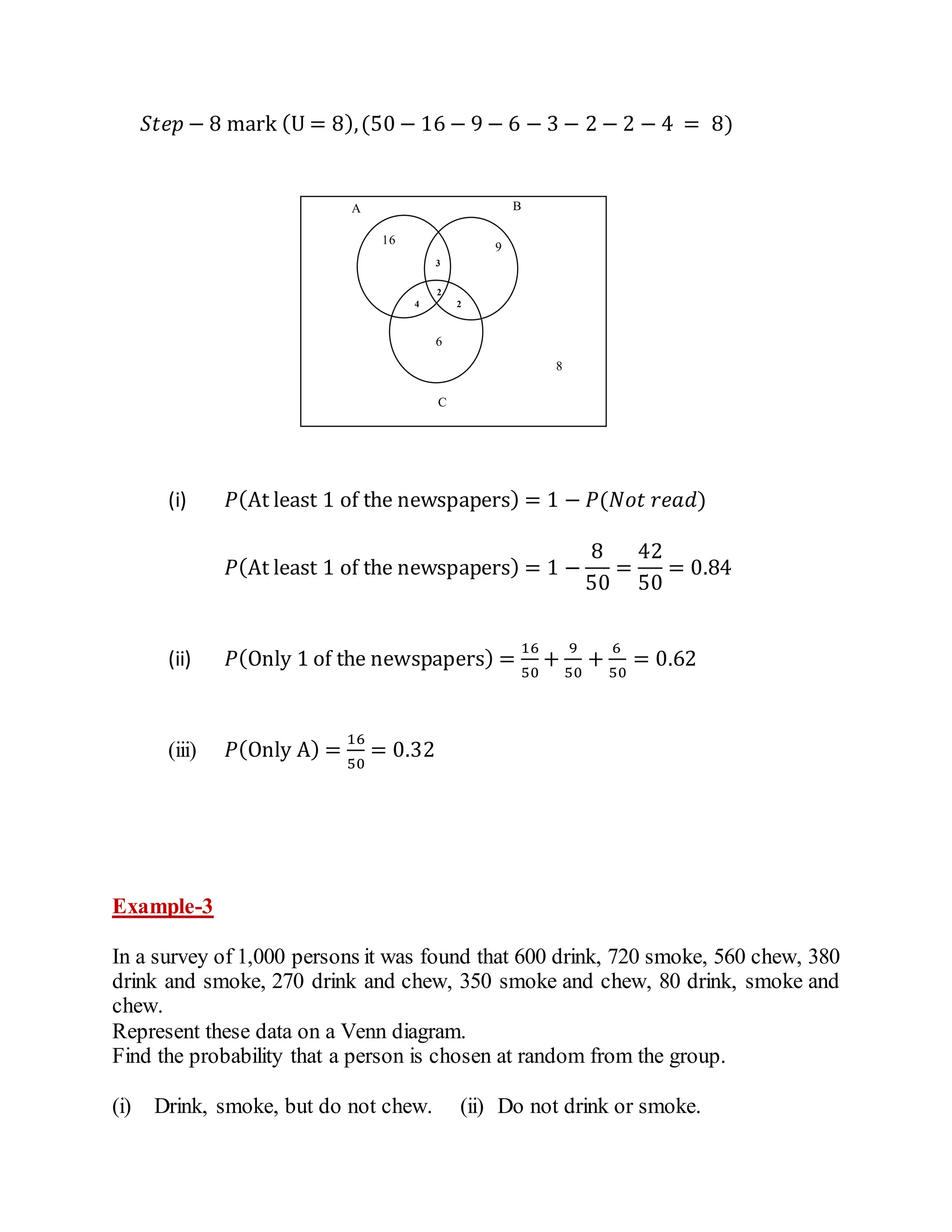 𝑆𝑡𝑒𝑝 − 8 mark (U = 8),(50 − 16 − 9 − 6 − 3 − 2 − 2 − 4 = 8)
(i) 𝑃(At least 1 of the newspapers) = 1 − 𝑃(𝑁𝑜𝑡 𝑟𝑒𝑎𝑑)
𝑃(At least 1 of the newspapers) = 1 −
8
50
=
42
50
= 0.84
(ii) 𝑃(Only 1 of the newspapers) =
16
50
+
9
50
+
6
50
= 0.62
(iii) 𝑃(Only A) =
16
50
= 0.32
Example-3
In a survey of 1,000 persons it was found that 600 drink, 720 smoke, 560 chew, 380
drink and smoke, 270 drink and chew, 350 smoke and chew, 80 drink, smoke and
chew.
Represent these data on a Venn diagram.
Find the probability that a person is chosen at random from the group.
(i) Drink, smoke, but do not chew. (ii) Do not drink or smoke.
A B
C
16
6
9
3
2
2
4
8
 
