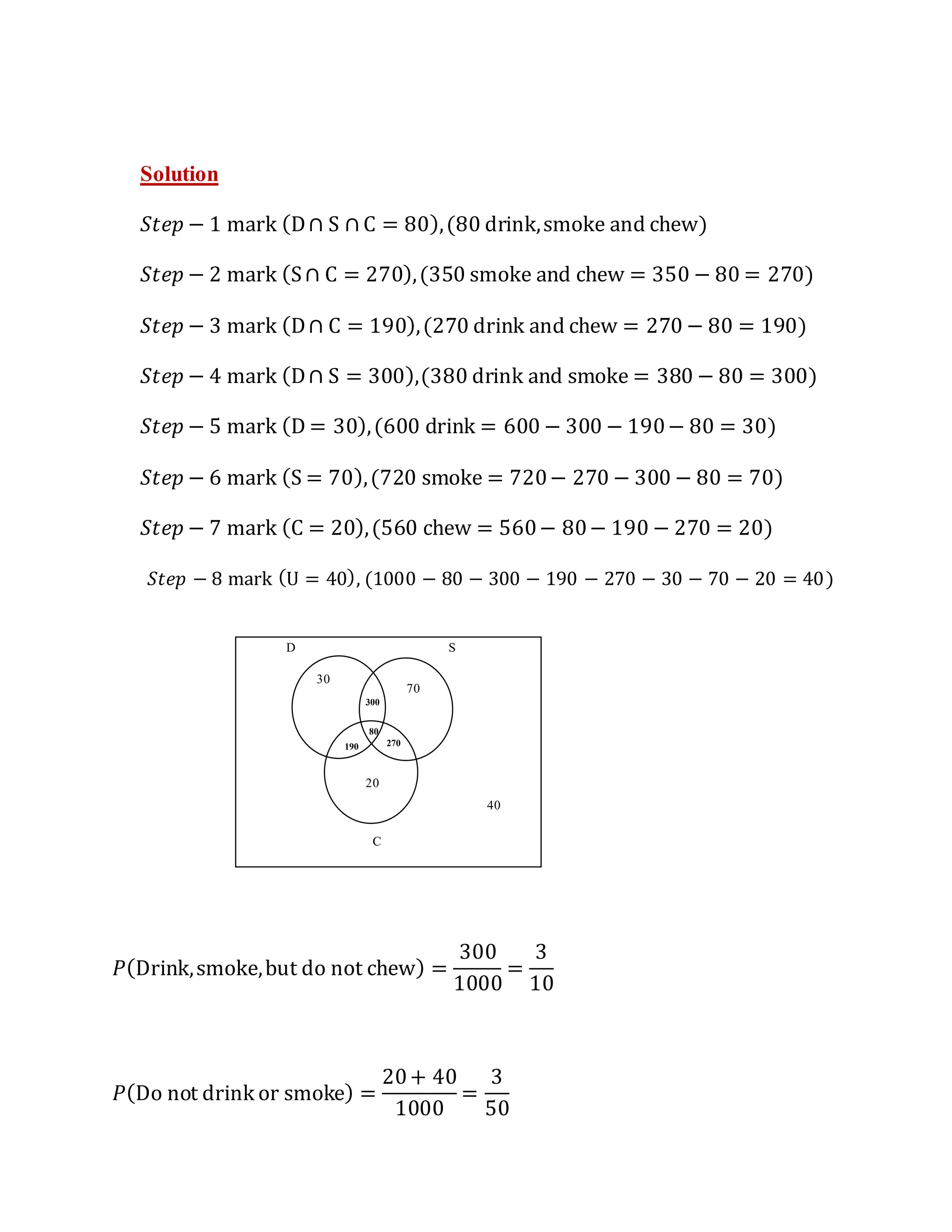 Solution
𝑆𝑡𝑒𝑝 − 1 mark (D∩ S ∩ C = 80),(80 drink,smoke and chew)
𝑆𝑡𝑒𝑝 − 2 mark (S∩ C = 270),(350 smoke and chew = 350 − 80 = 270)
𝑆𝑡𝑒𝑝 − 3 mark (D∩ C = 190),(270 drink and chew = 270 − 80 = 190)
𝑆𝑡𝑒𝑝 − 4 mark (D∩ S = 300),(380 drink and smoke = 380 − 80 = 300)
𝑆𝑡𝑒𝑝 − 5 mark (D = 30),(600 drink = 600 − 300 − 190− 80 = 30)
𝑆𝑡𝑒𝑝 − 6 mark (S = 70),(720 smoke = 720− 270 − 300 − 80 = 70)
𝑆𝑡𝑒𝑝 − 7 mark (C = 20),(560 chew = 560− 80− 190 − 270 = 20)
𝑆𝑡𝑒𝑝 − 8 mark (U = 40), (1000 − 80 − 300 − 190 − 270 − 30 − 70 − 20 = 40)
𝑃(Drink,smoke,but do not chew) =
300
1000
=
3
10
𝑃(Do not drink or smoke) =
20+ 40
1000
=
3
50
D S
C
30
20
70
300
80
270
190
40
 