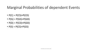 Marginal Probabilities of dependent Events
• P(C) = P(CS)+P(CD)
• P(G) = P(GS)+P(GD)
• P(D) = P(CD)+P(GD)
• P(S) = P(CS)+P(GS)
Venkata Sai Krishna M
 