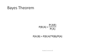 Bayes Theorem
Venkata Sai Krishna M
P(B|A) =
P(AB)
P(A)
P(A|B) = P(B|A)*P(B)/P(A)
 